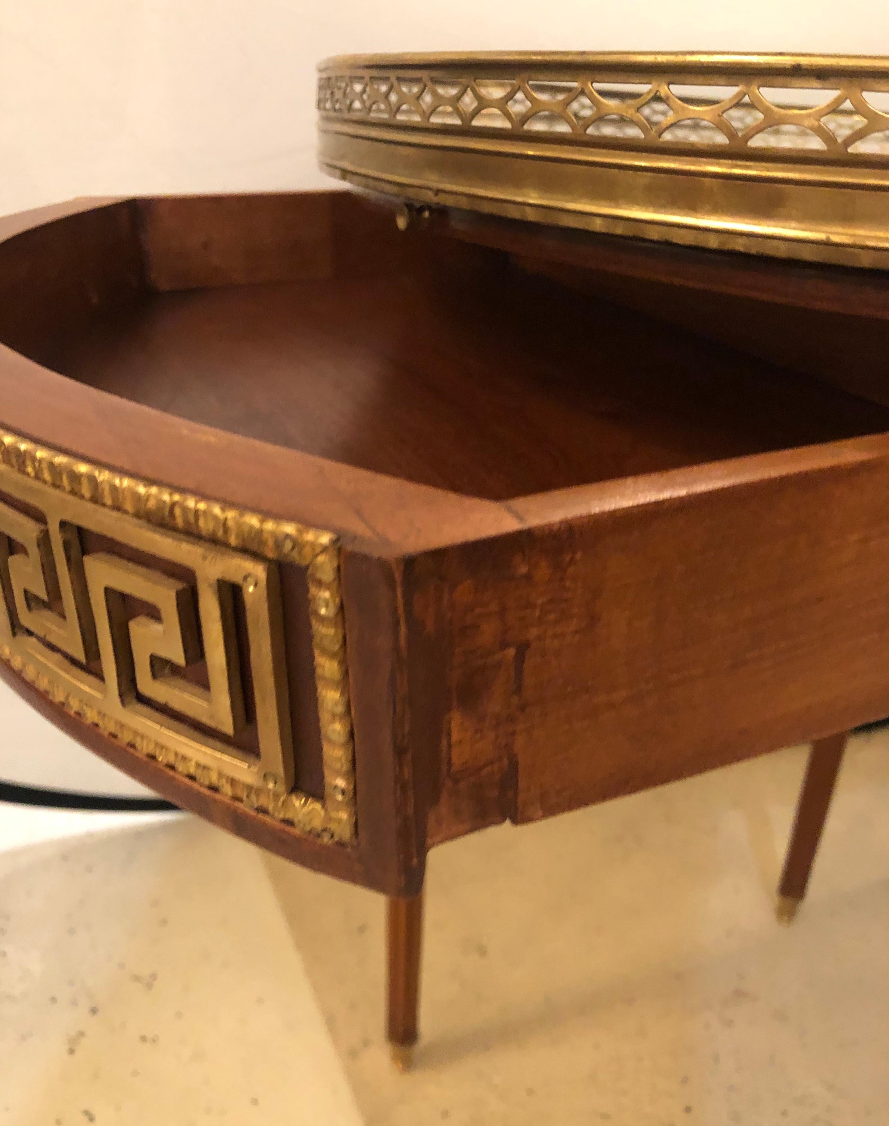 Pair of Marble-Top Greek Key Bouiliotte Tables / End Mahogany Double Drawers 6