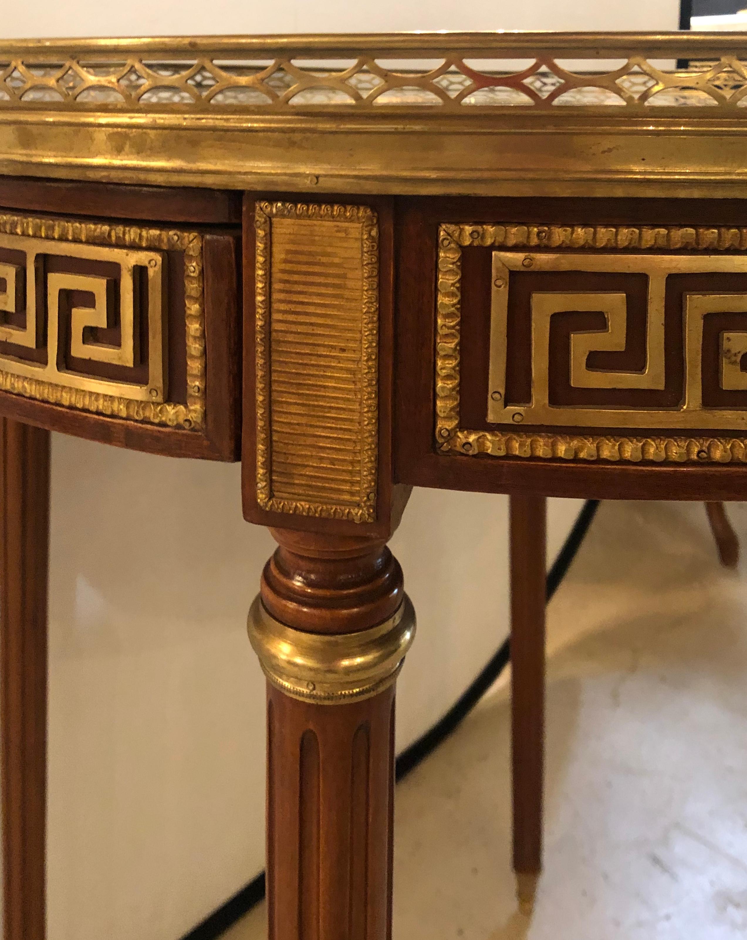 Pair of Marble-Top Greek Key Bouiliotte Tables / End Mahogany Double Drawers 7