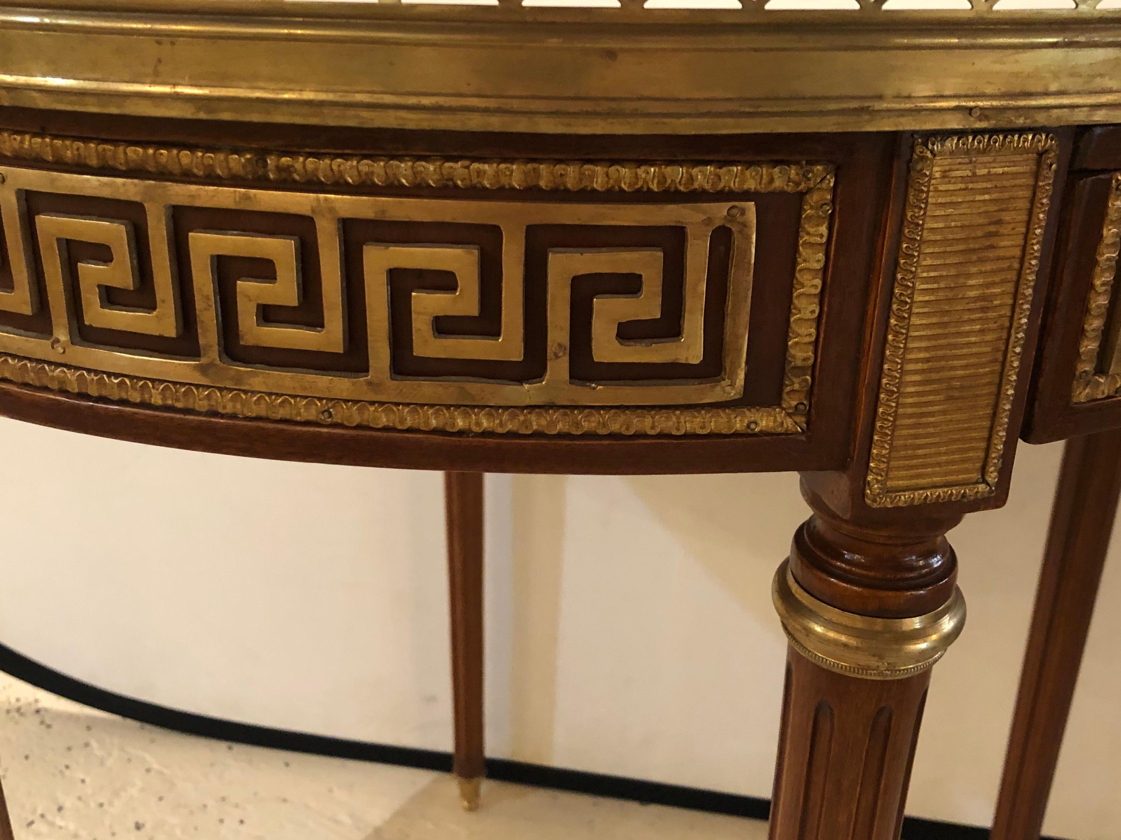 Pair of Marble-Top Greek Key Bouiliotte Tables / End Mahogany Double Drawers 8