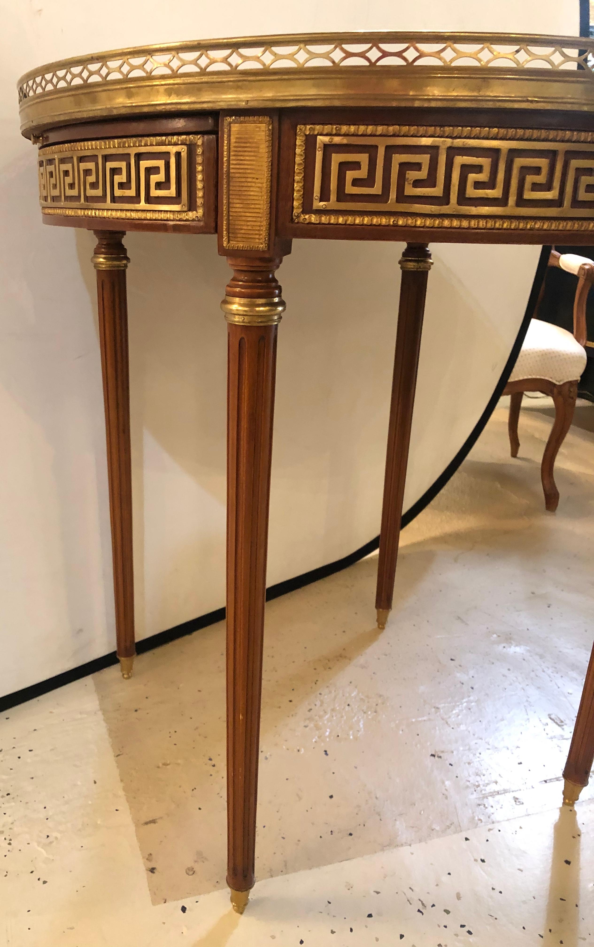 Pair of Marble-Top Greek Key Bouiliotte Tables / End Mahogany Double Drawers 9
