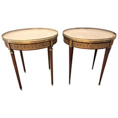 Pair of Marble-Top Greek Key Bouiliotte Tables / End Mahogany Double Drawers