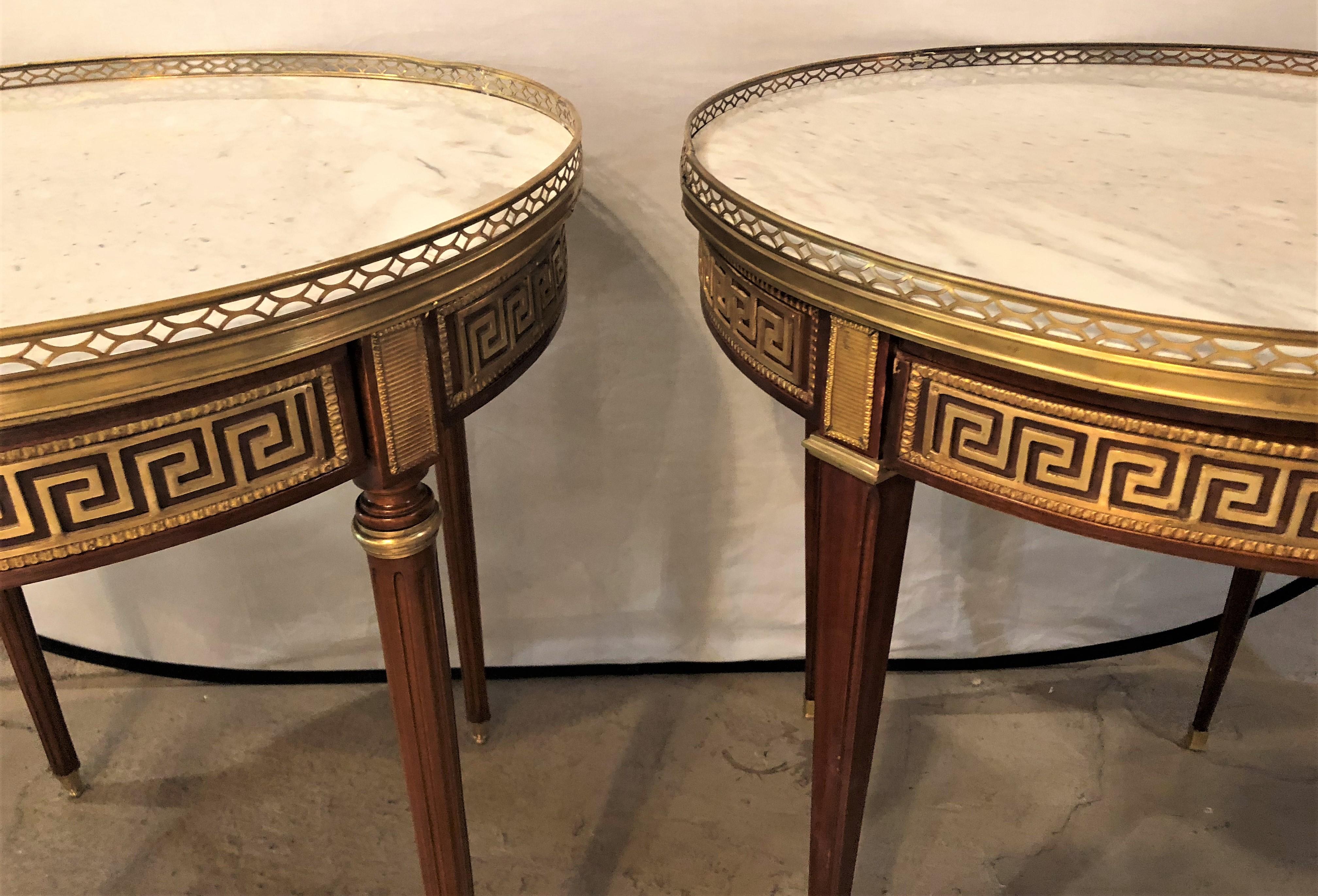 European Pair of Marble-Top Greek Key Bouiliotte Tables / End Mahogany Double Drawers