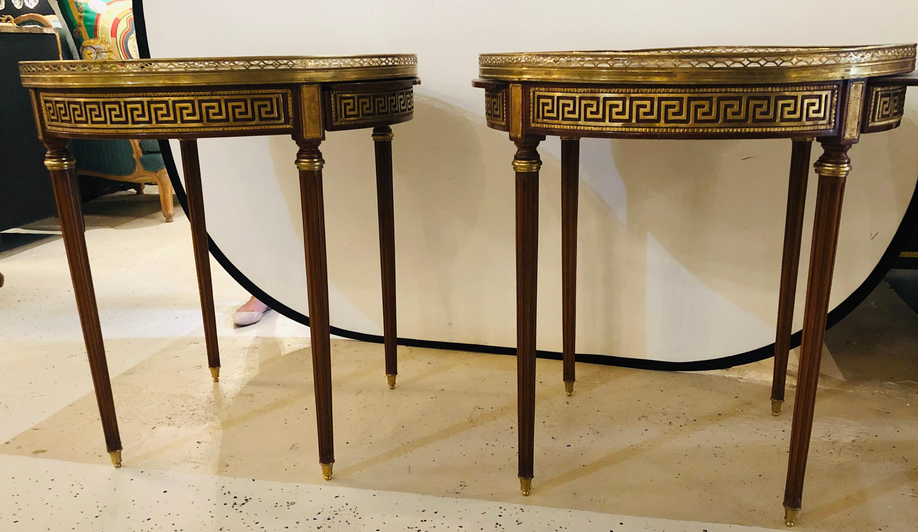 Louis XVI Pair of Marble-Top Greek Key Bouiliotte Tables / End Mahogany Double Drawers