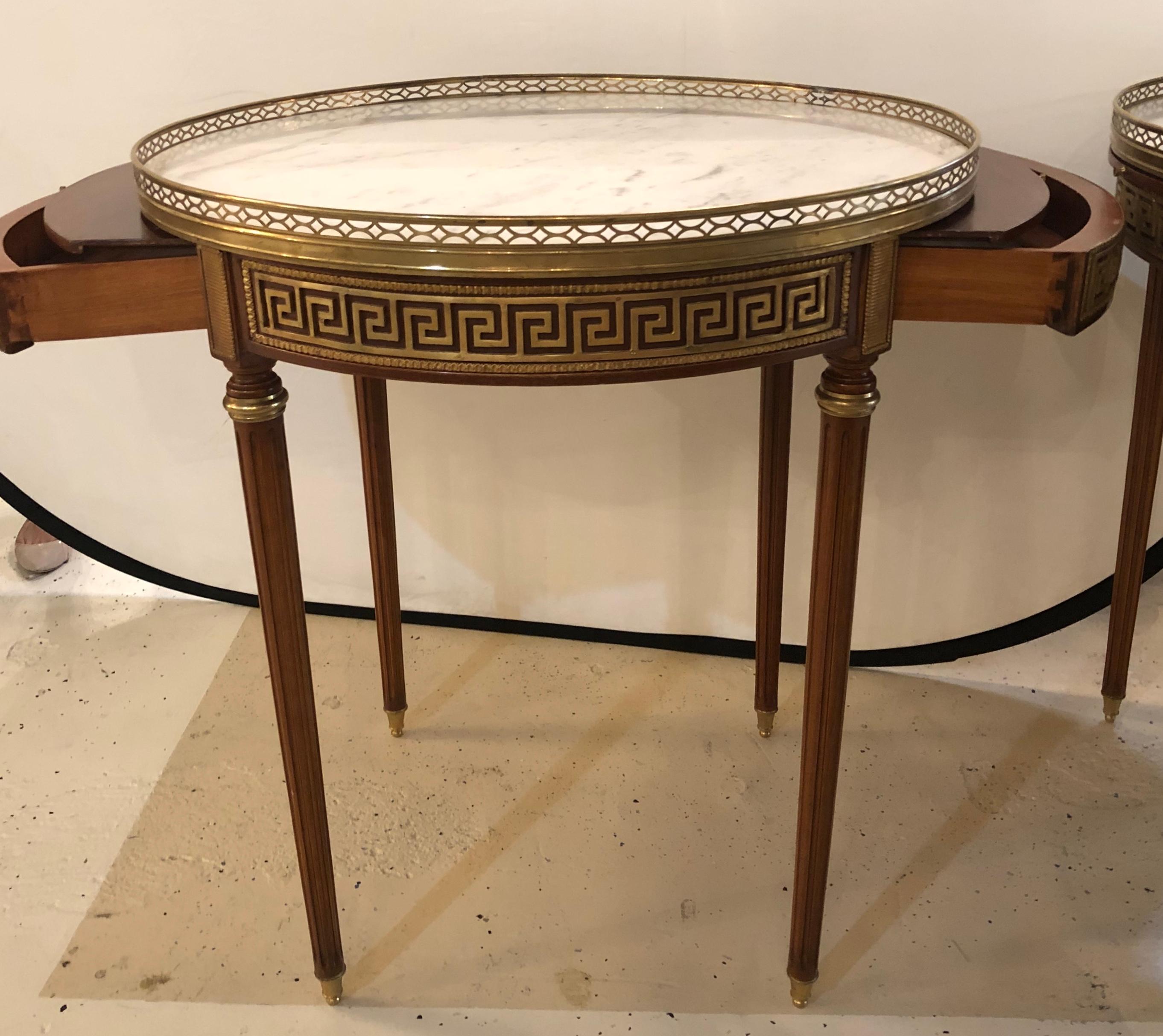 European Pair of Marble-Top Greek Key Bouiliotte Tables / End Mahogany Double Drawers
