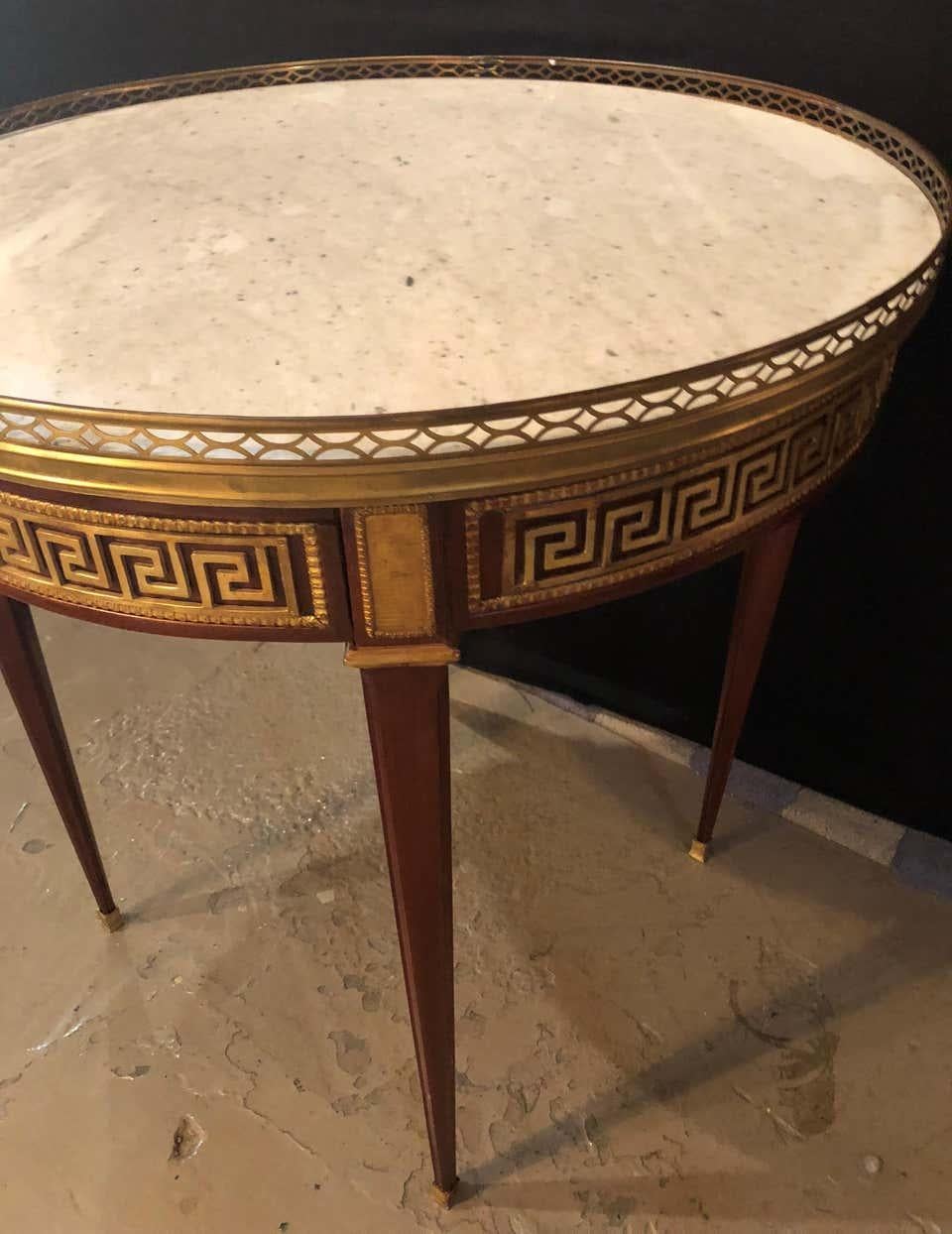 20th Century Pair of Marble-Top Greek Key Bouiliotte Tables / End Mahogany Double Drawers
