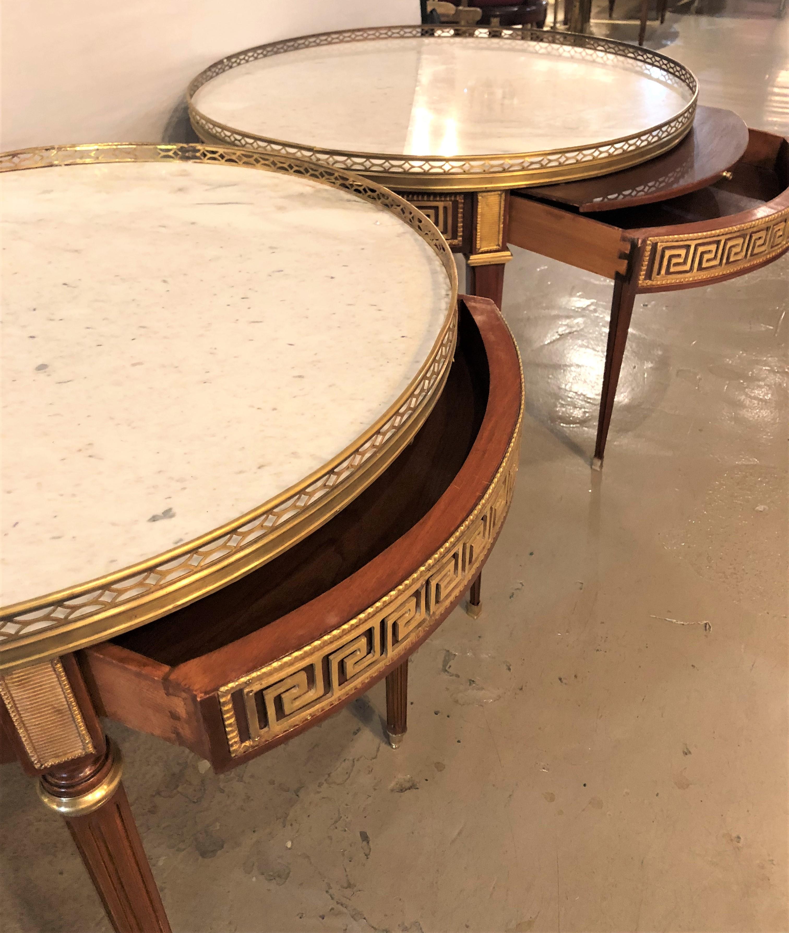 Pair of Marble-Top Greek Key Bouiliotte Tables / End Mahogany Double Drawers 3
