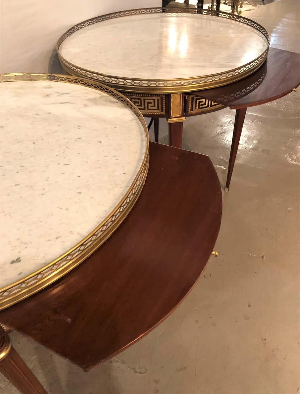 Pair of Marble-Top Greek Key Bouiliotte Tables / End Mahogany Double Drawers 2