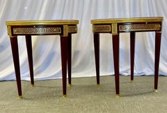 Pair of Marble Top Greek Key Bouillotte or End Tables, Manner of Maison Jansen