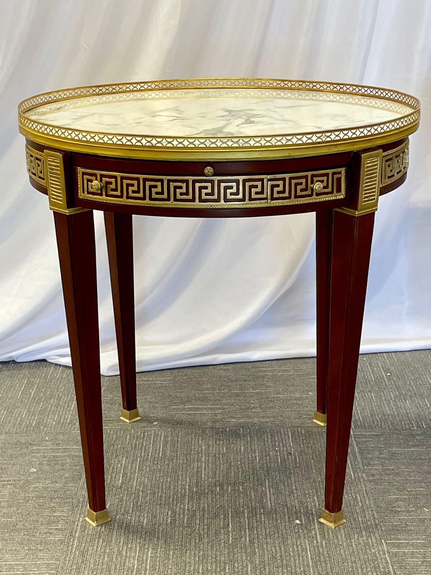 Louis XVI Pair of Marble Top Greek Key Bouillotte or End Tables, Manner of Maison Jansen
