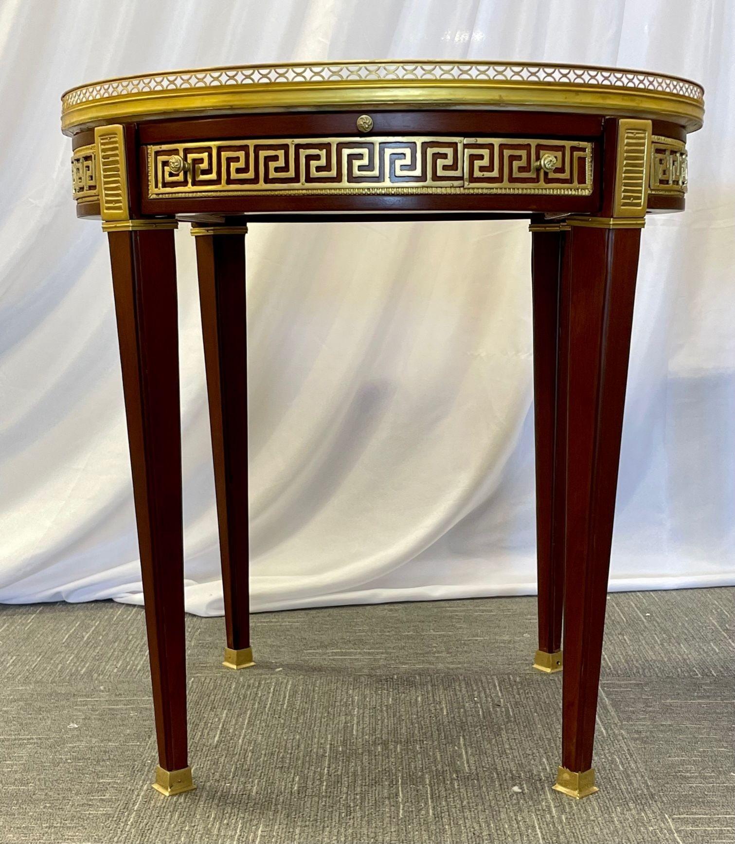 French Pair of Marble Top Greek Key Bouillotte or End Tables, Manner of Maison Jansen