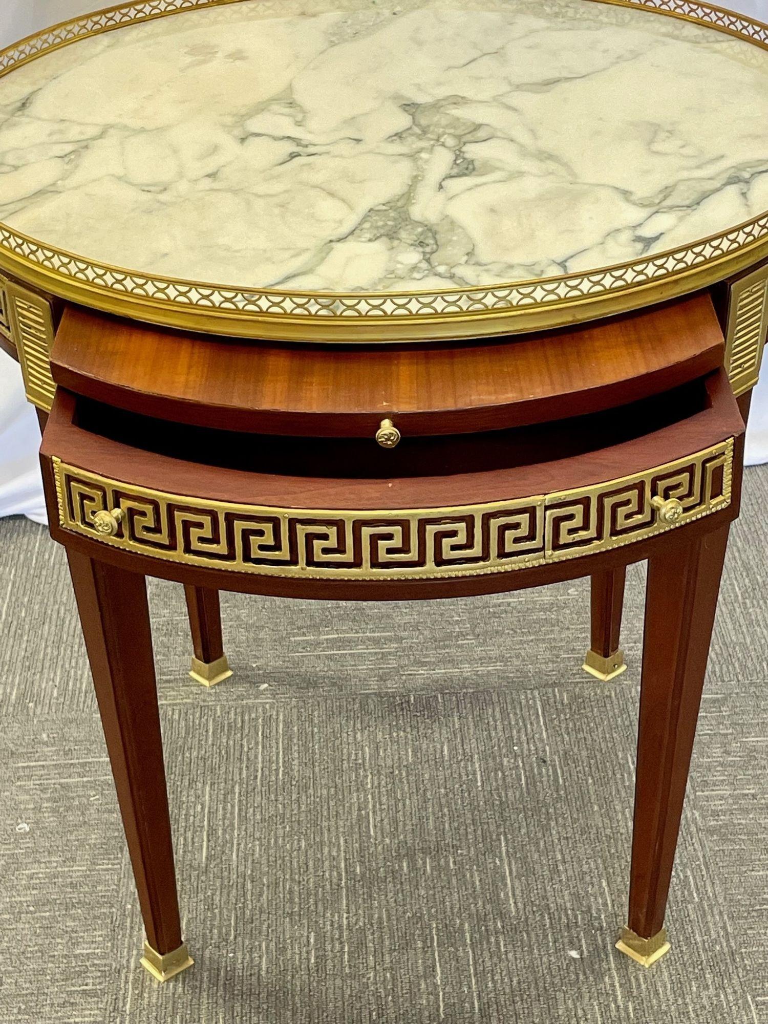 Late 20th Century Pair of Marble Top Greek Key Bouillotte or End Tables, Manner of Maison Jansen