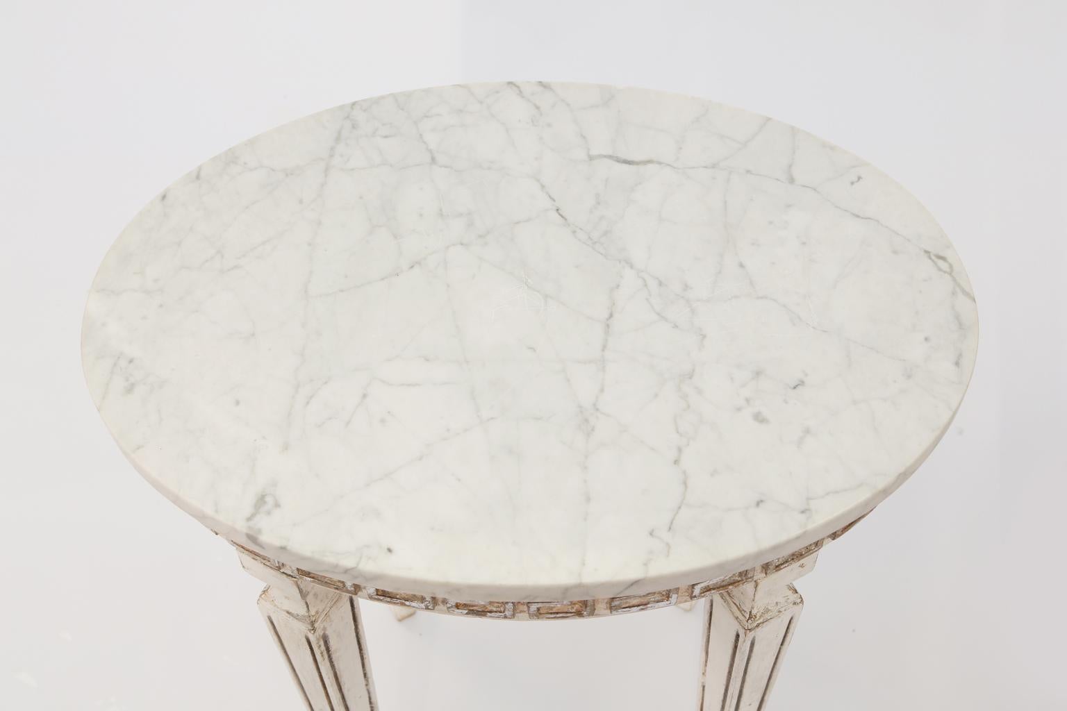 Neoclassical Pair of Marble-Top Italian Accent Tables with Greek Key Apron