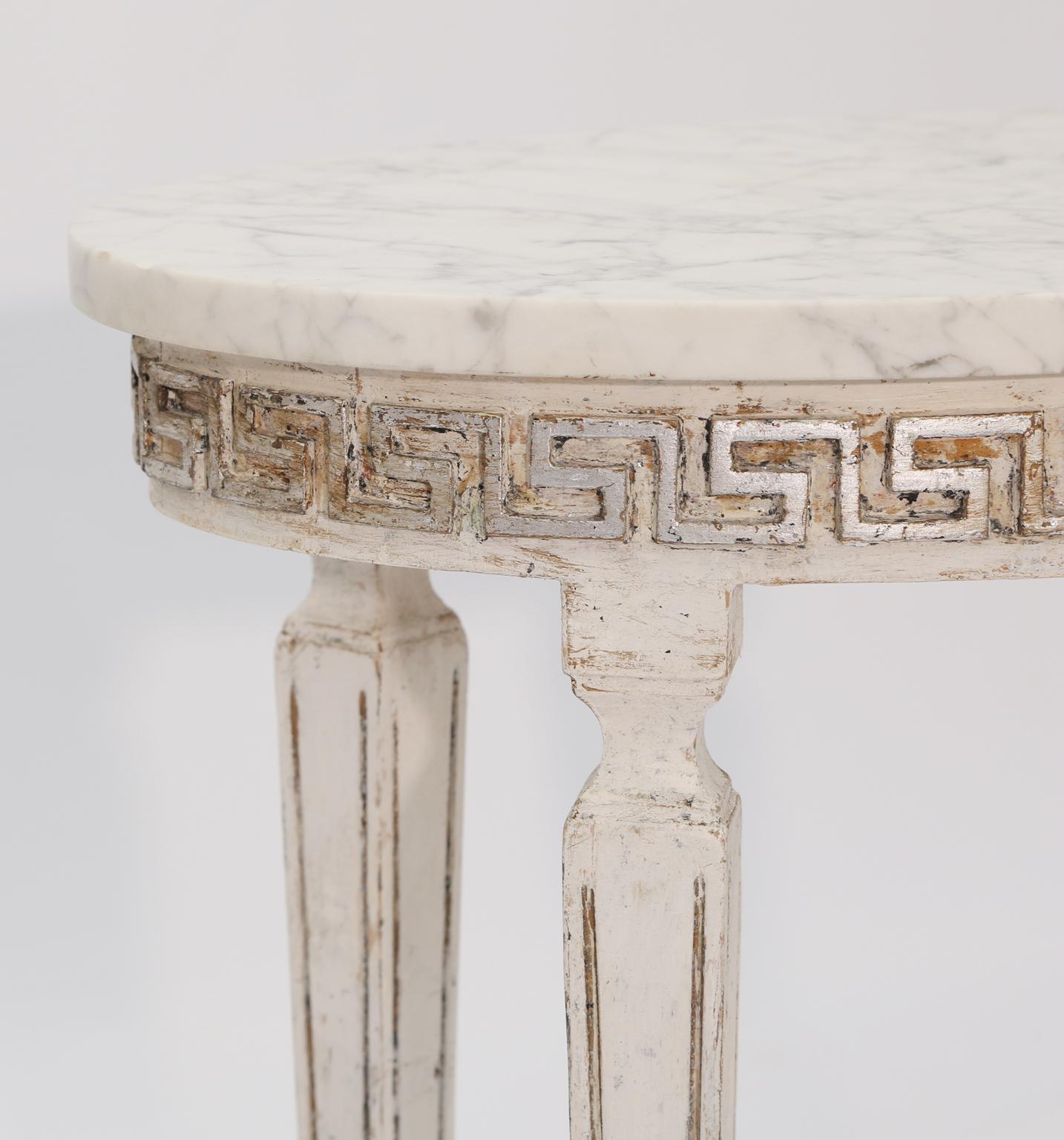 20th Century Pair of Marble-Top Italian Accent Tables with Greek Key Apron