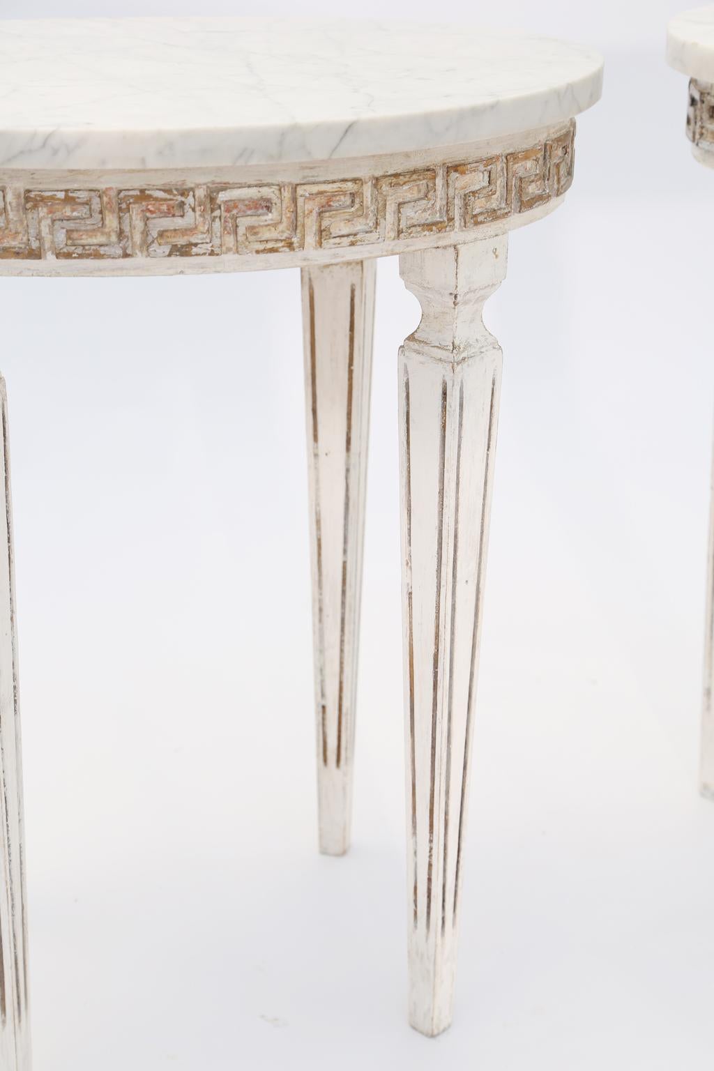 Wood Pair of Marble-Top Italian Accent Tables with Greek Key Apron