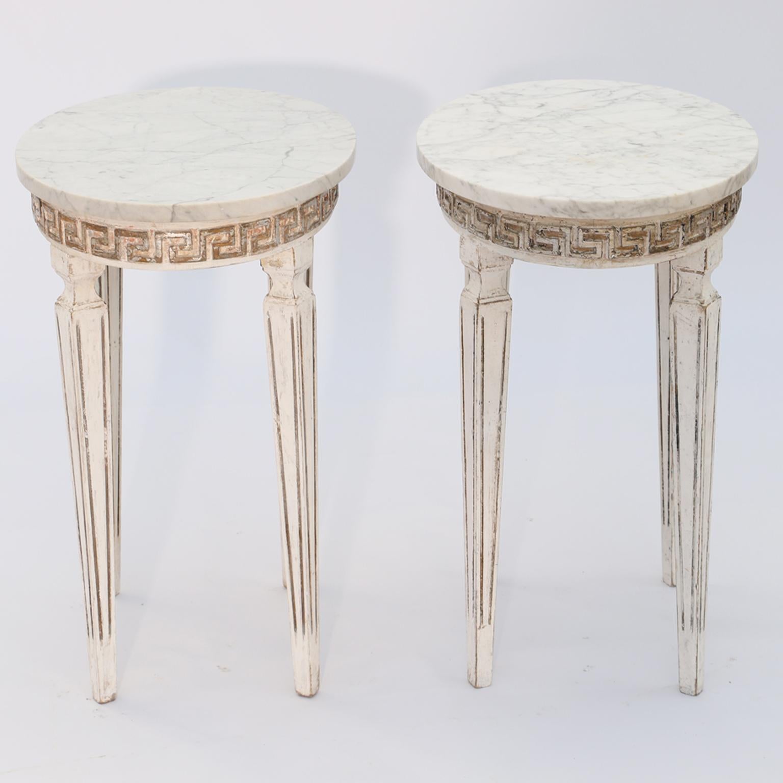 Pair of Marble-Top Italian Accent Tables with Greek Key Apron 1