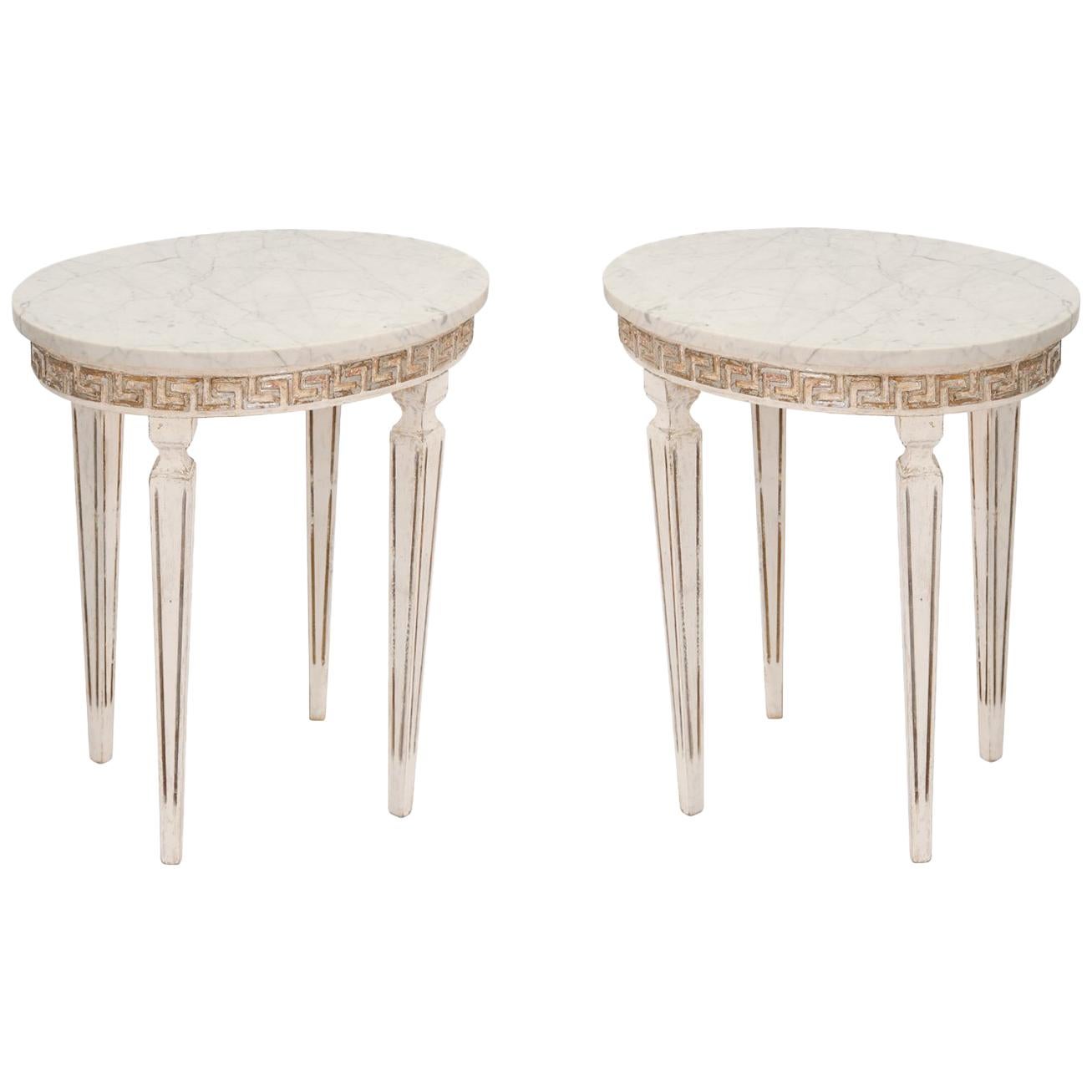 Pair of Marble-Top Italian Accent Tables with Greek Key Apron