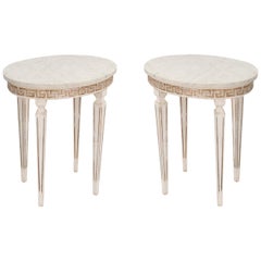 Pair of Marble-Top Italian Accent Tables with Greek Key Apron