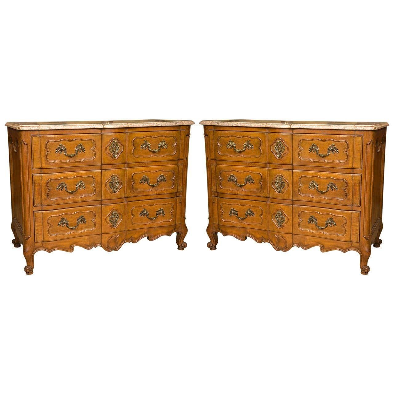 Wood Pair of Marble-Top Louis XV Style Commodes Chests Attributed to Maison Jansen For Sale