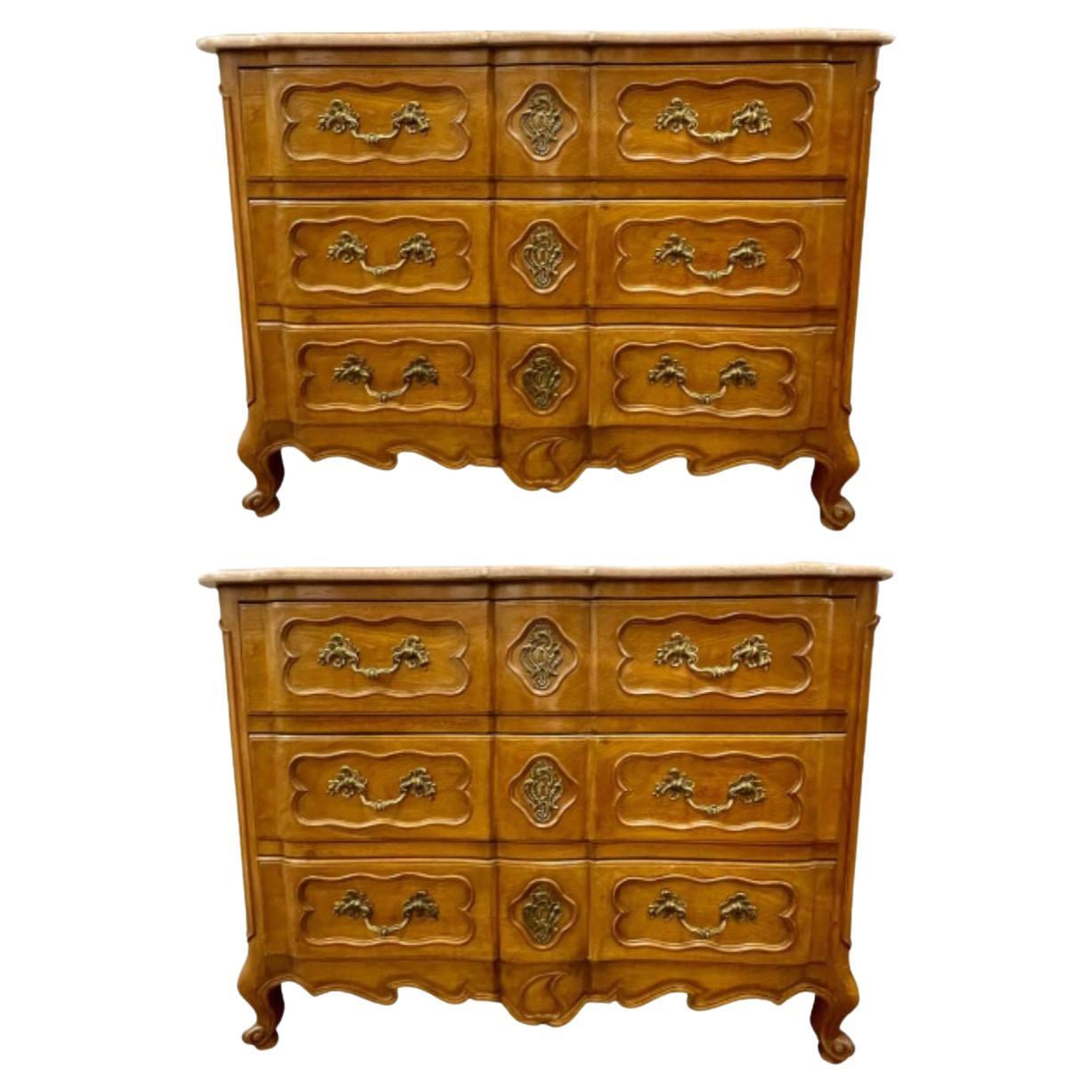 Pair of Marble-Top Louis XV Style Commodes Chests Attributed to Maison Jansen