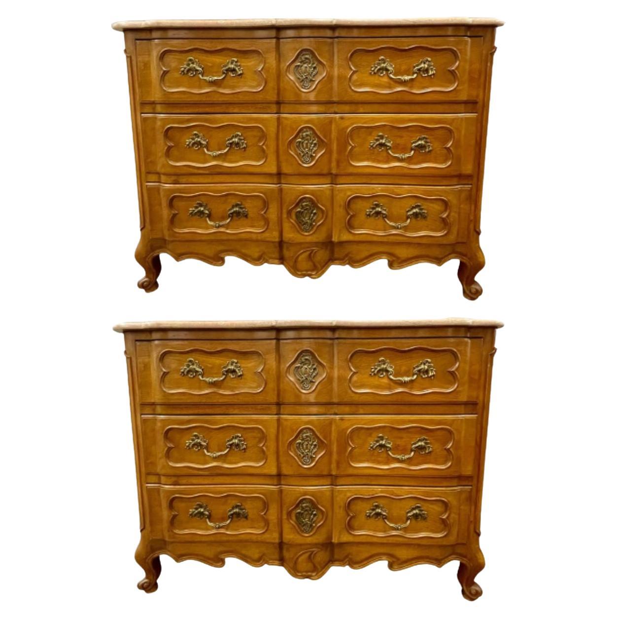 Pair of Marble-Top Louis XV Style Commodes Chests Attributed to Maison Jansen For Sale