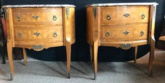 Pair of Marble Top Louis XV Style Oval Inlaid Commodes, Nightstands or Chests