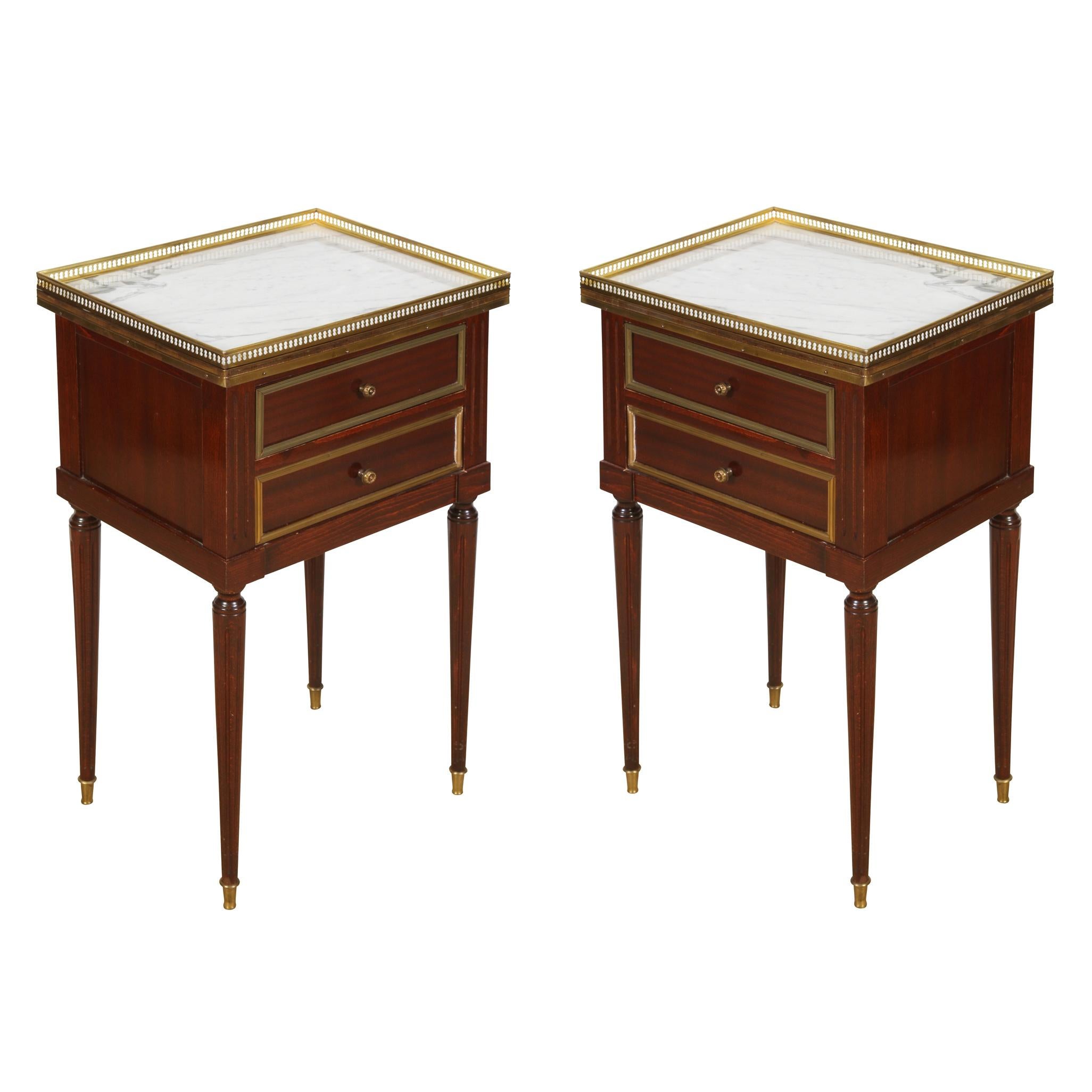 20th Century Pair of Marble Top Night Stands with Brass Gallery Rail
