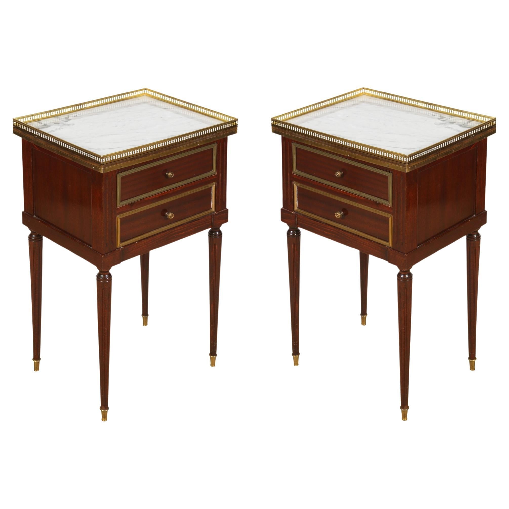 Pair of Marble Top Night Stands with Brass Gallery Rail