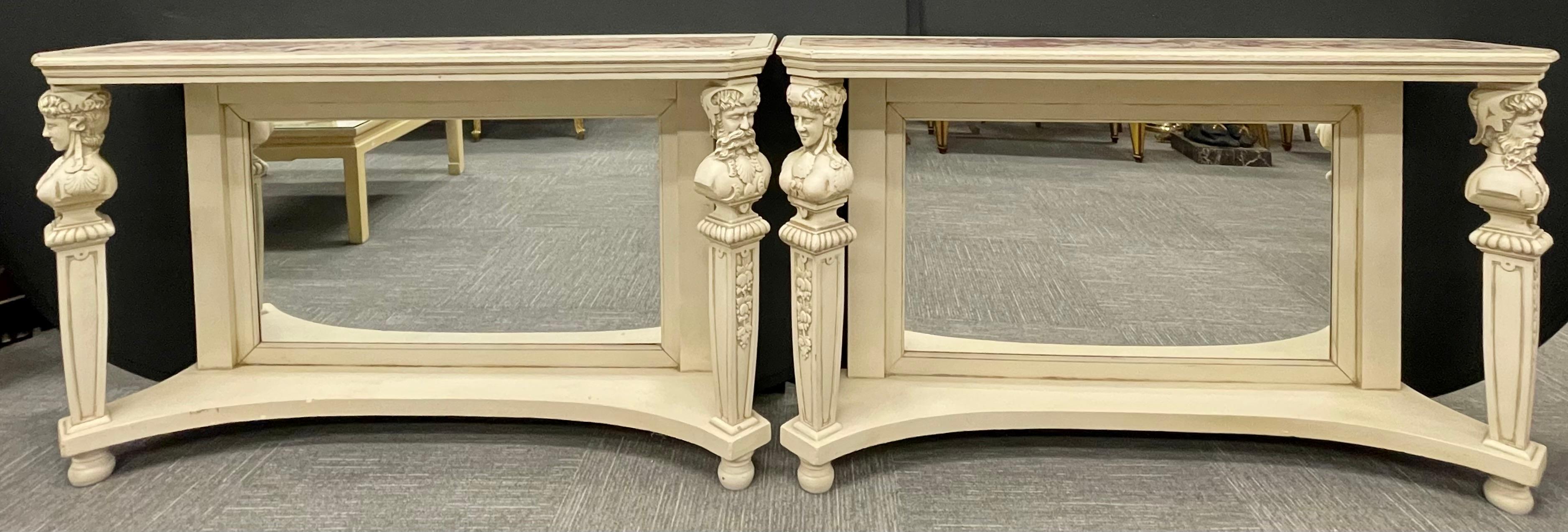 Gustavian Pair of Swedish Marble-Top Painted Pier Console Tables, Figural