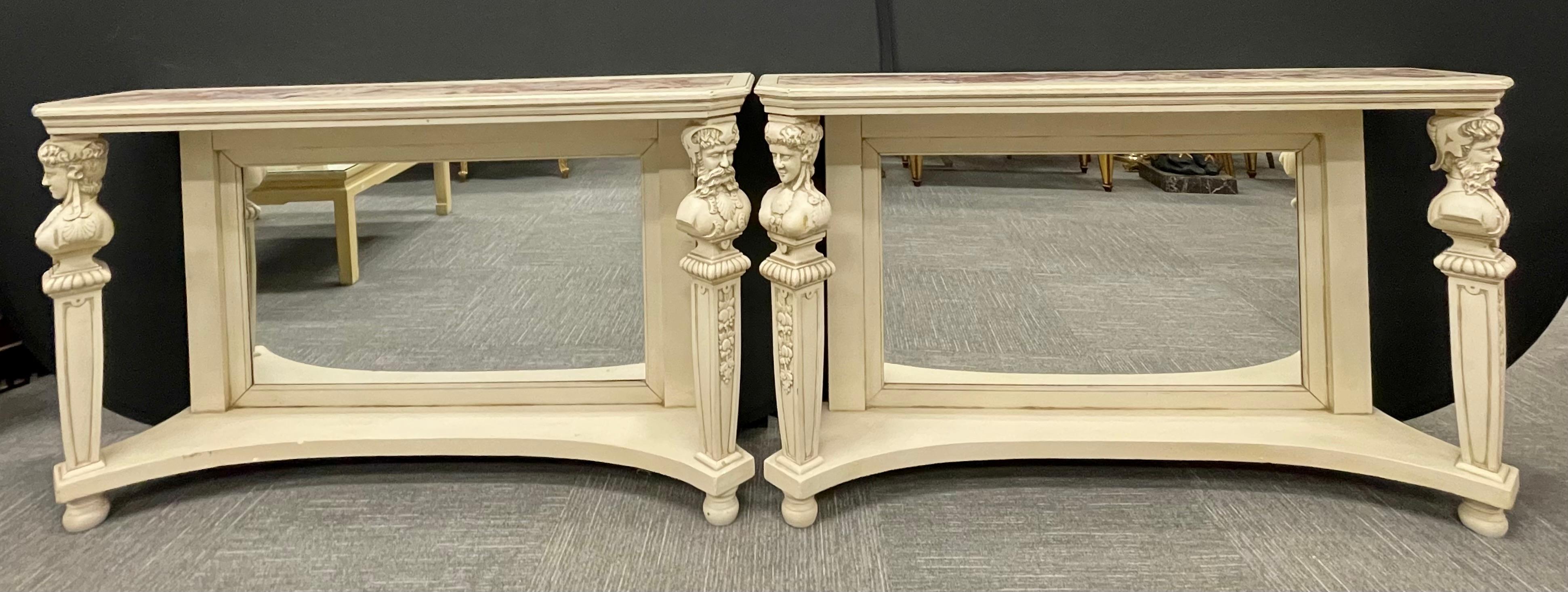 British Pair of Swedish Marble-Top Painted Pier Console Tables, Figural