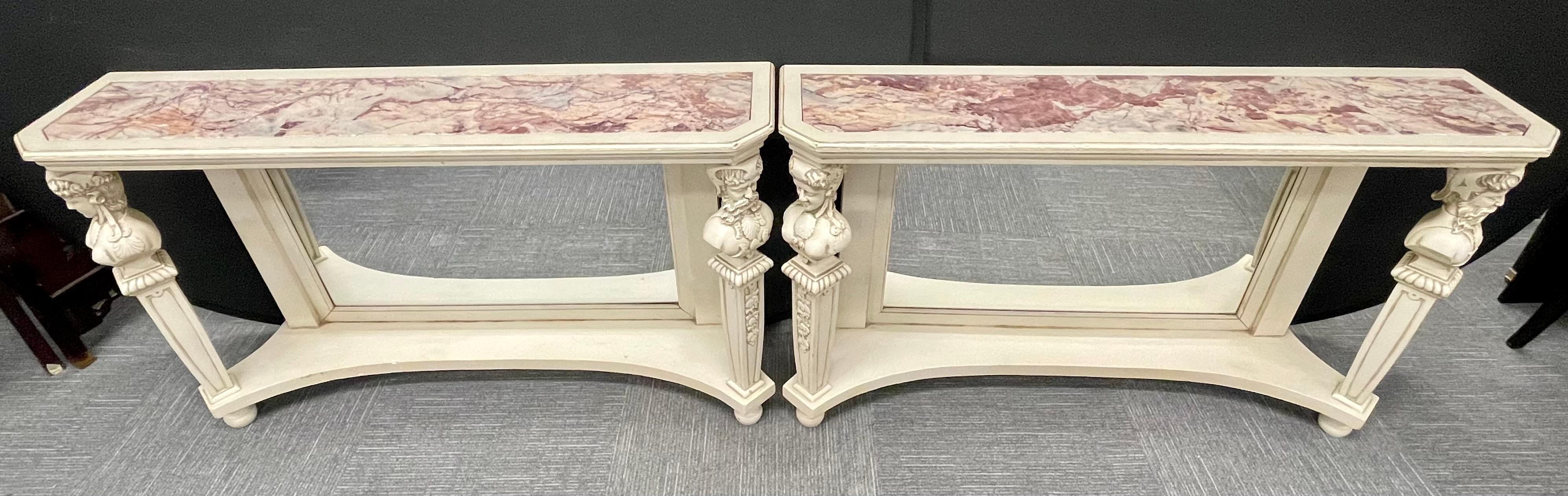 Pair of Swedish Marble-Top Painted Pier Console Tables, Figural In Good Condition In Stamford, CT