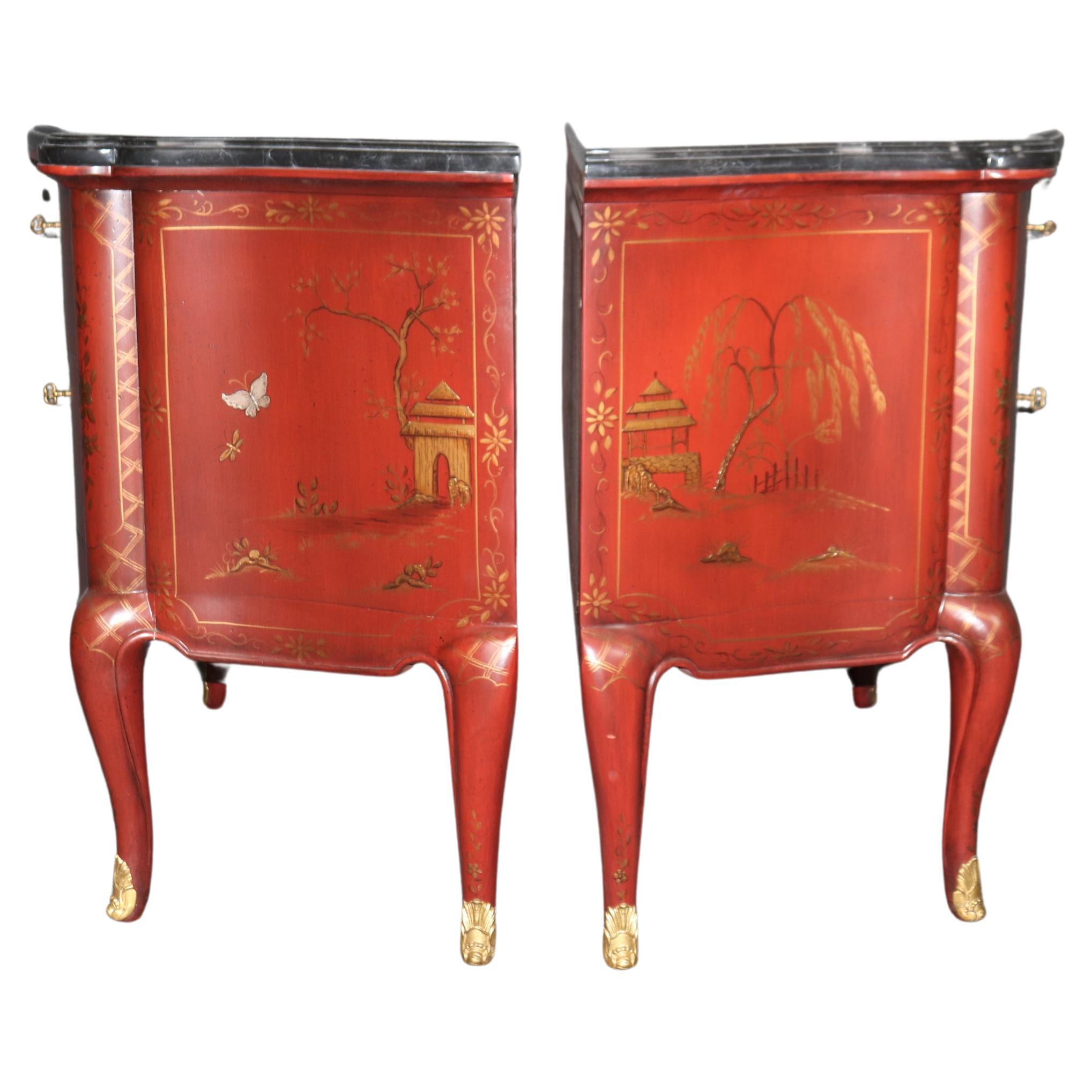 Pair of Marble Top Red Chinoiserie E.J. Victor French Louis XV Commodes In Good Condition For Sale In Swedesboro, NJ