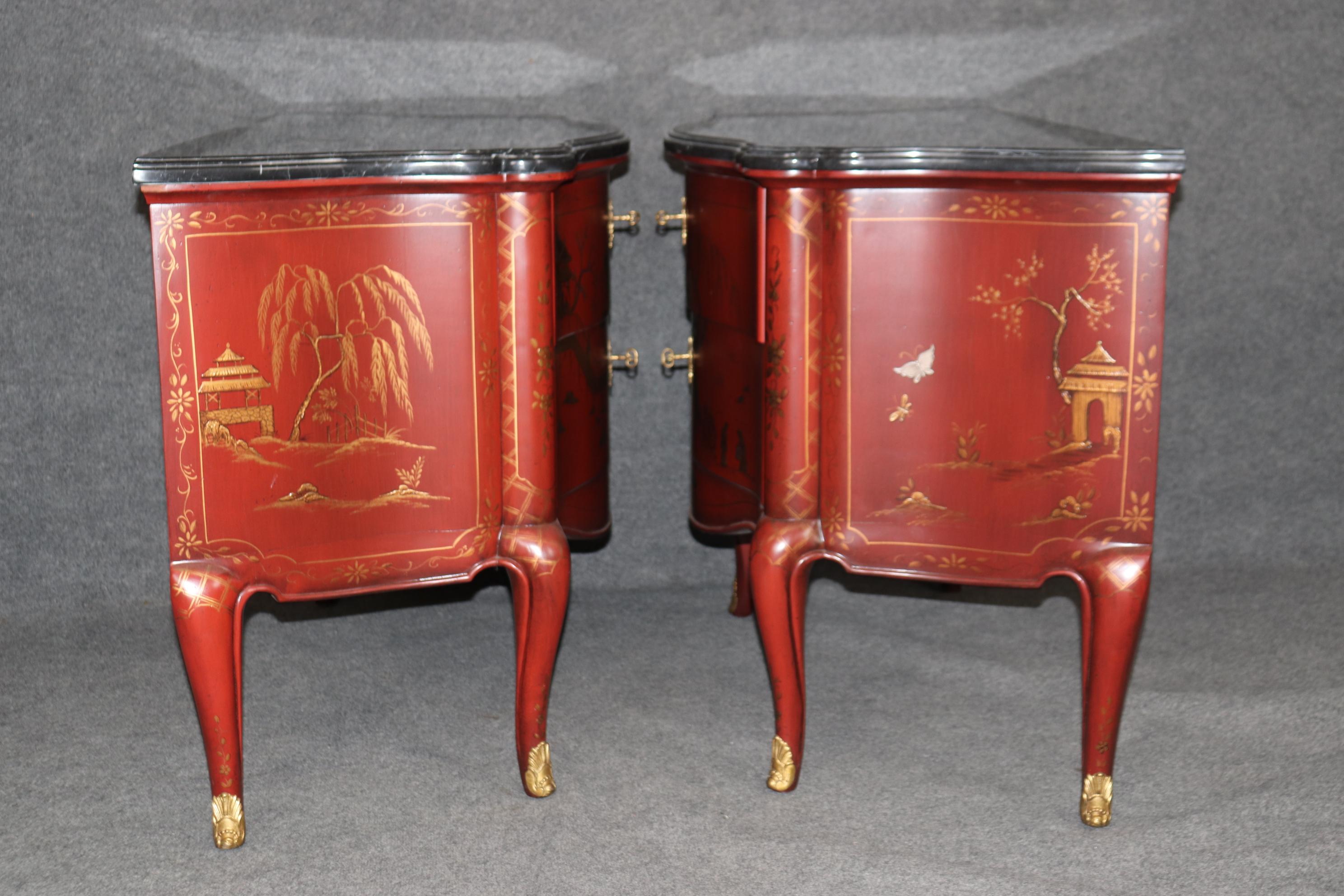 Pair of Marble Top Red Chinoiserie E.J. Victor French Louis XV Commodes In Good Condition For Sale In Swedesboro, NJ