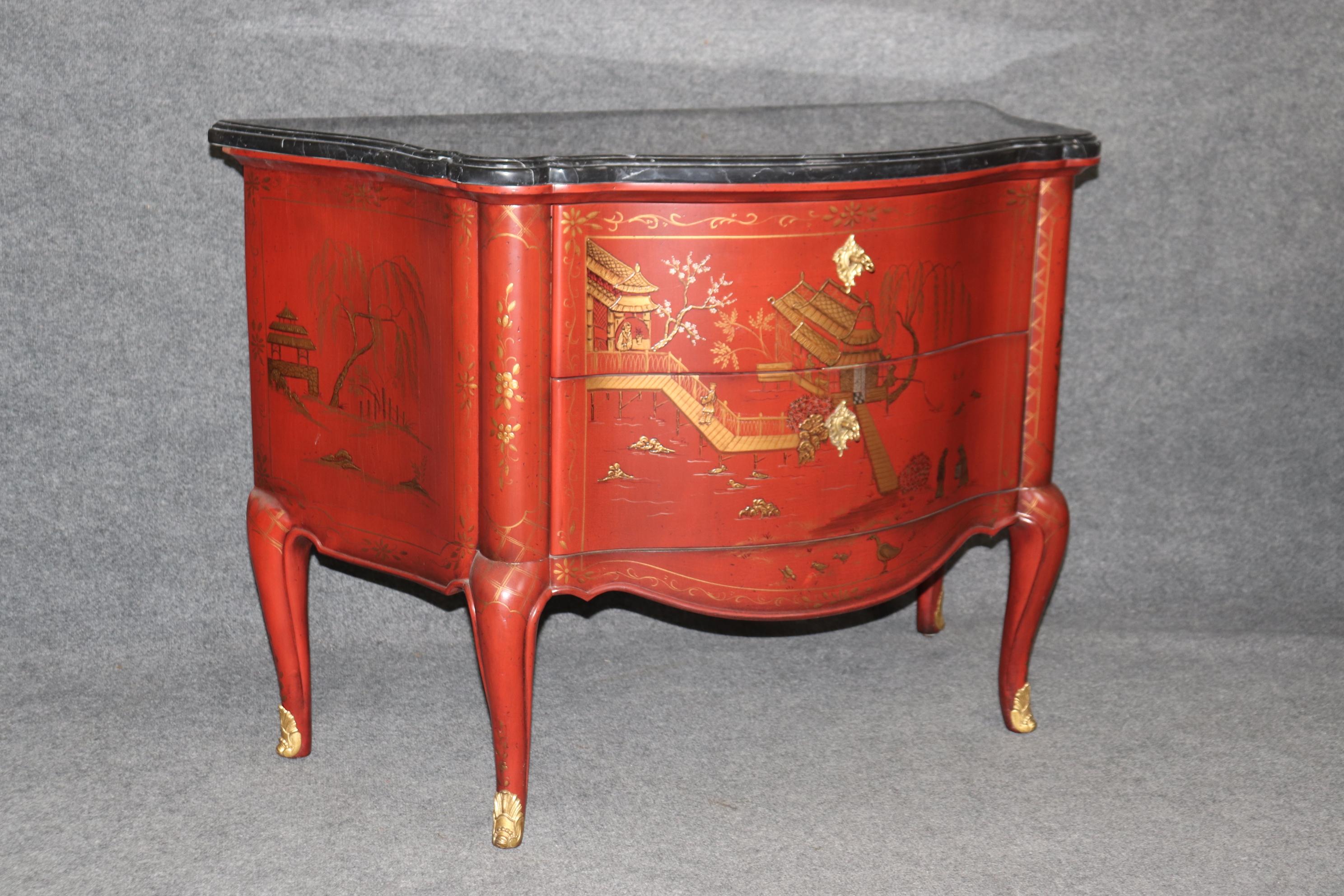 Bronze Pair of Marble Top Red Chinoiserie E.J. Victor French Louis XV Commodes For Sale