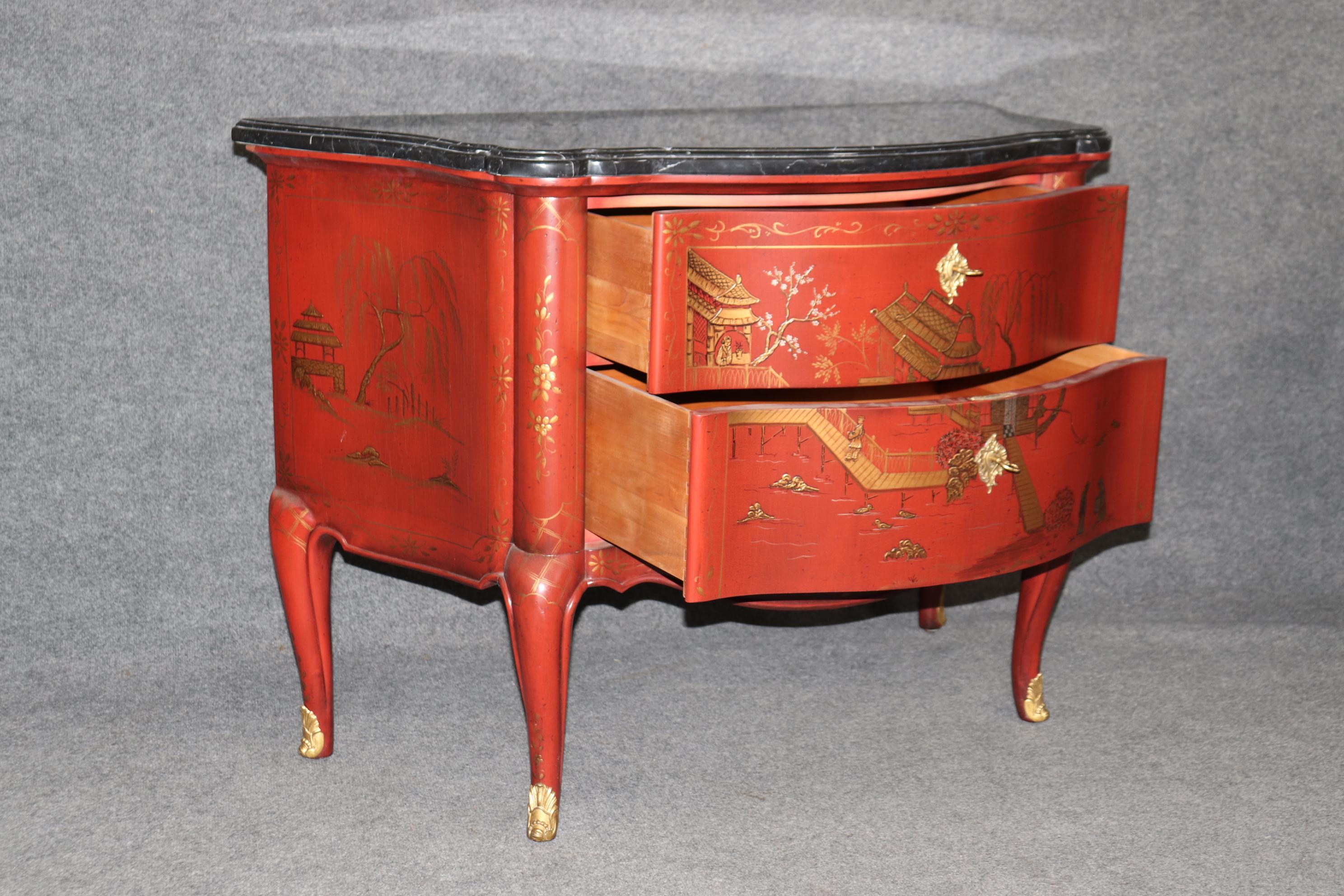 Pair of Marble Top Red Chinoiserie E.J. Victor French Louis XV Commodes For Sale 1