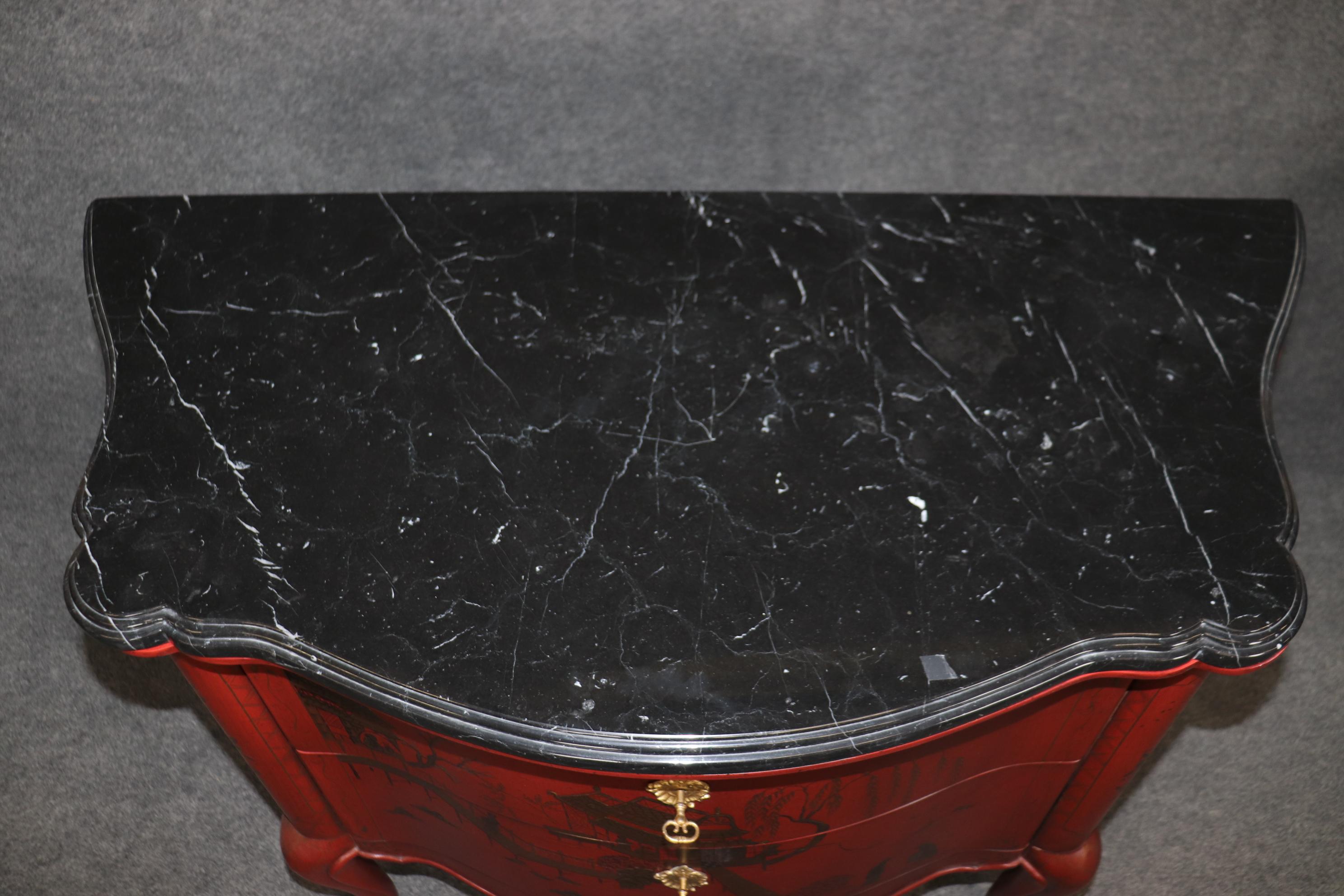 Pair of Marble Top Red Chinoiserie E.J. Victor French Louis XV Commodes For Sale 1
