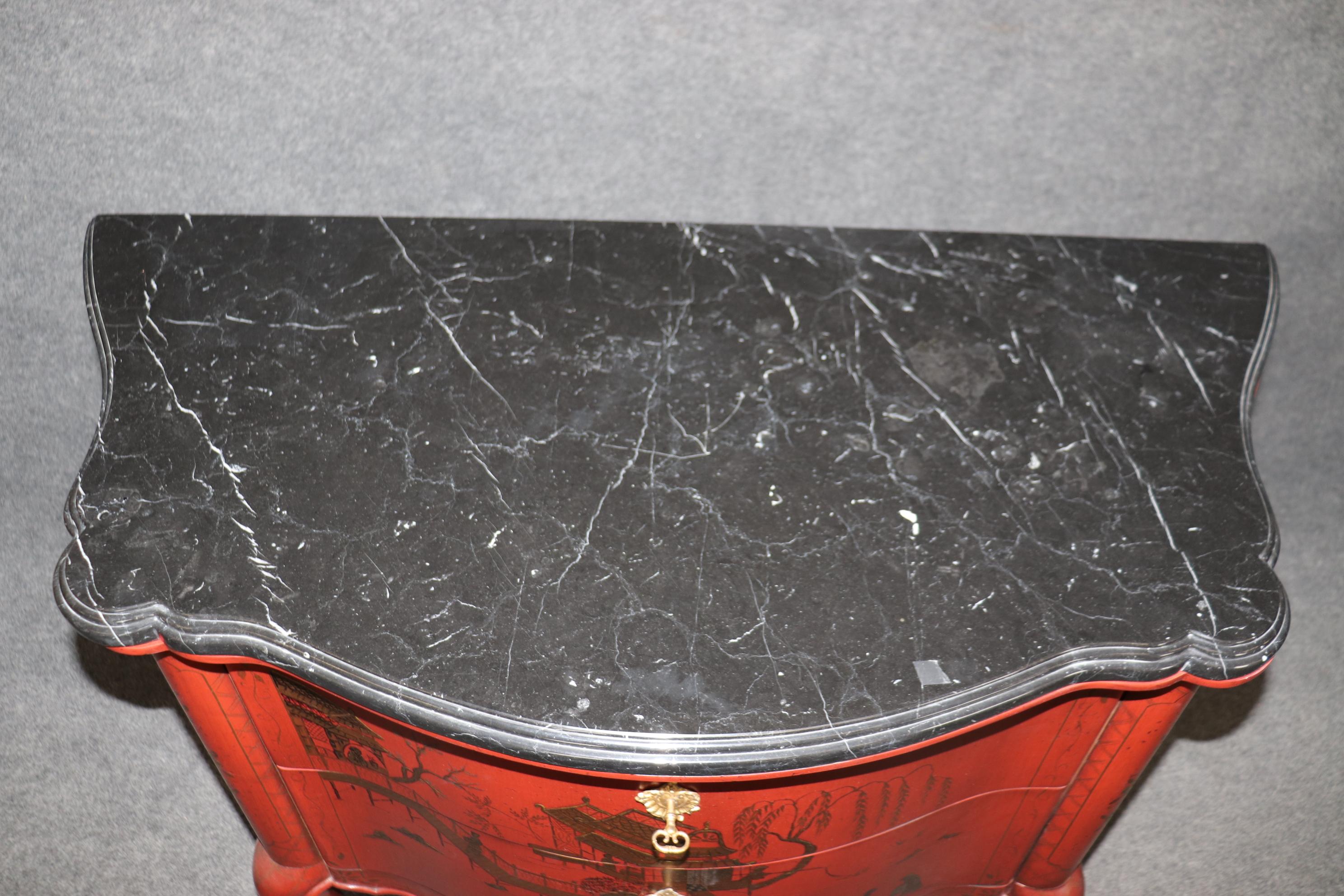 Pair of Marble Top Red Chinoiserie E.J. Victor French Louis XV Commodes For Sale 3