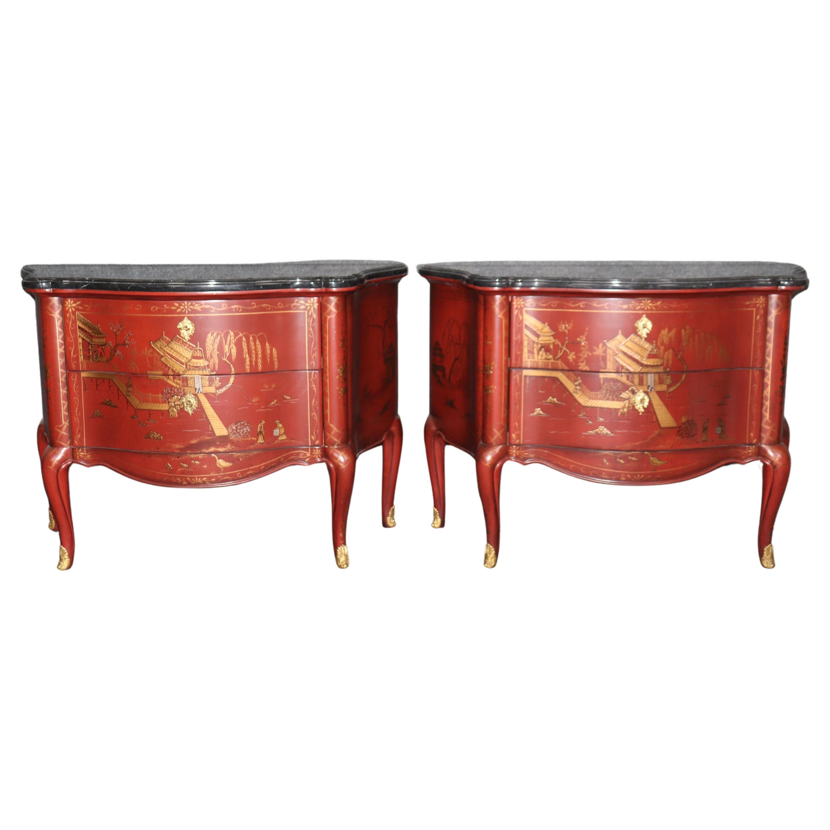 Pair of Marble Top Red Chinoiserie E.J. Victor French Louis XV Commodes For Sale