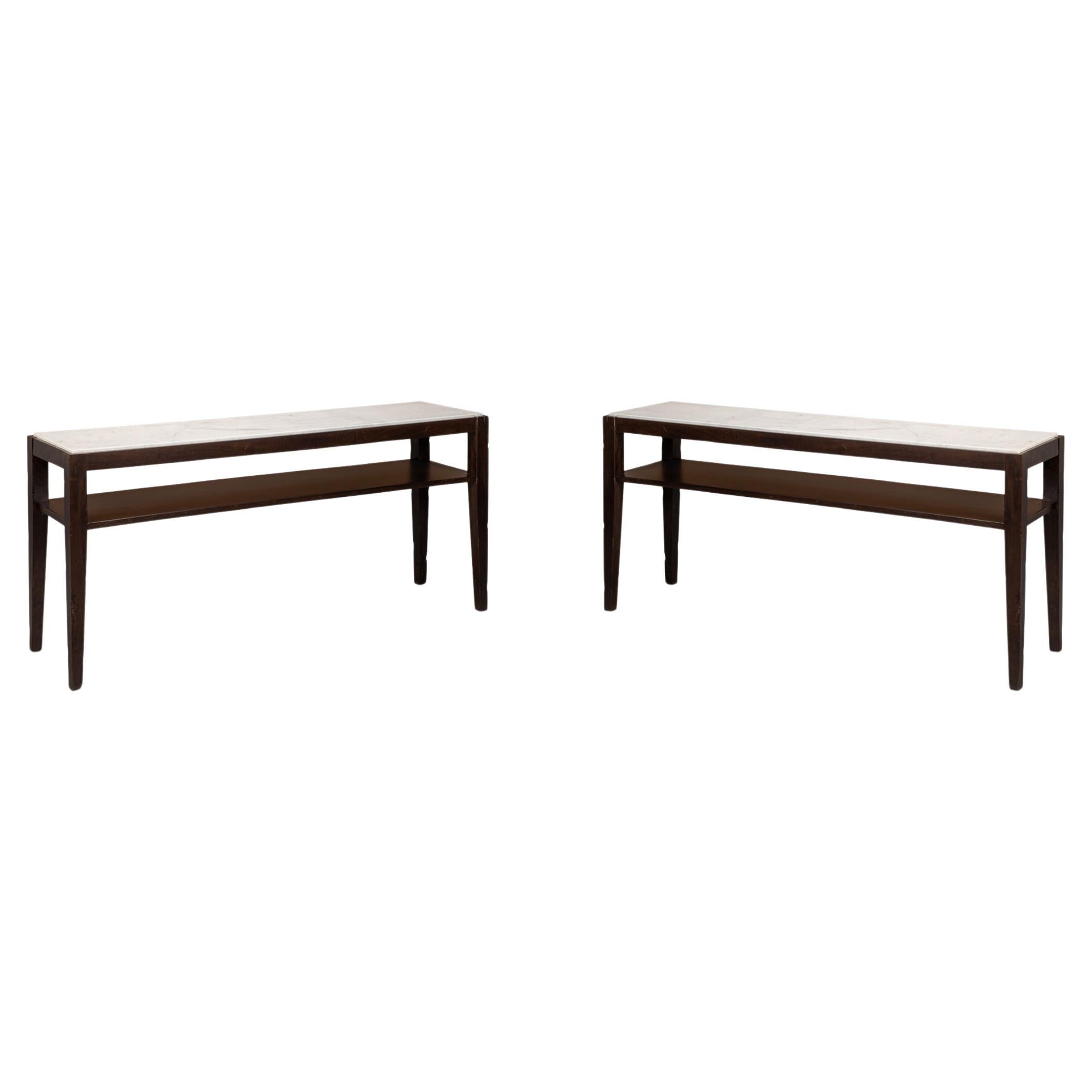 Pair of Marble Top Two Tier Console Tables For Sale
