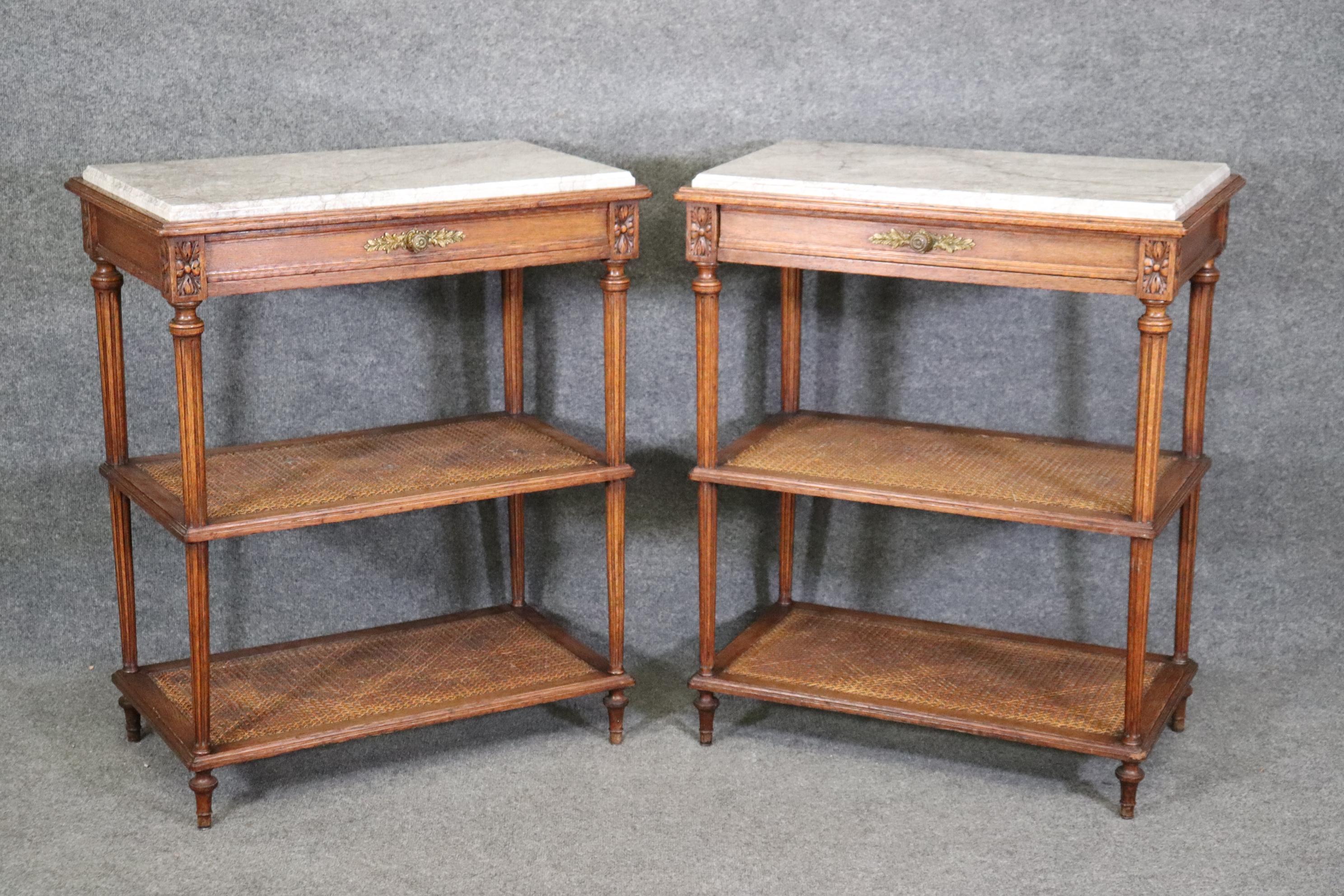 French Pair of Marble Top Walnut and Cane Louis XVI End Side Tables Signed Picard For Sale