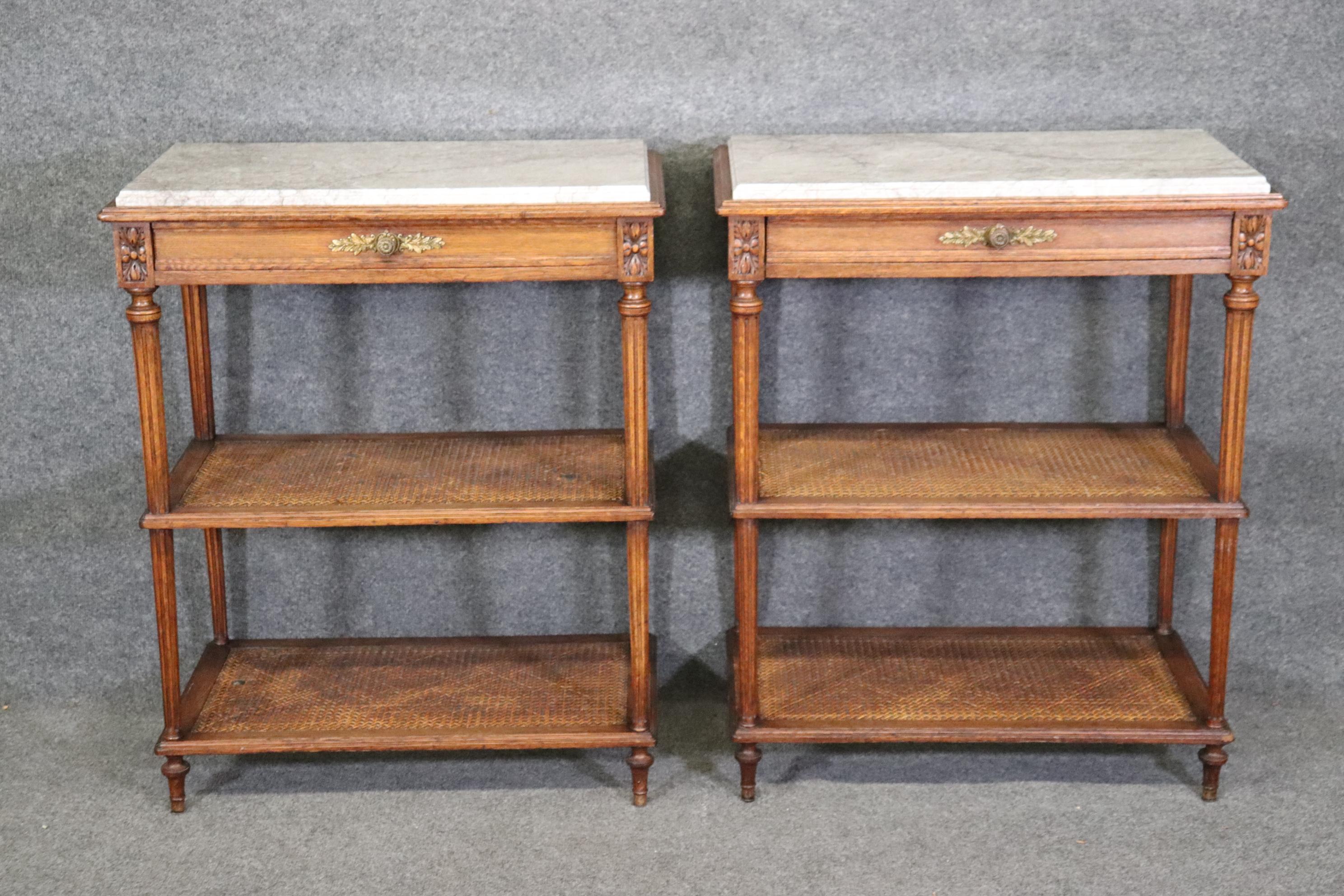 Pair of Marble Top Walnut and Cane Louis XVI End Side Tables Signed Picard In Good Condition For Sale In Swedesboro, NJ