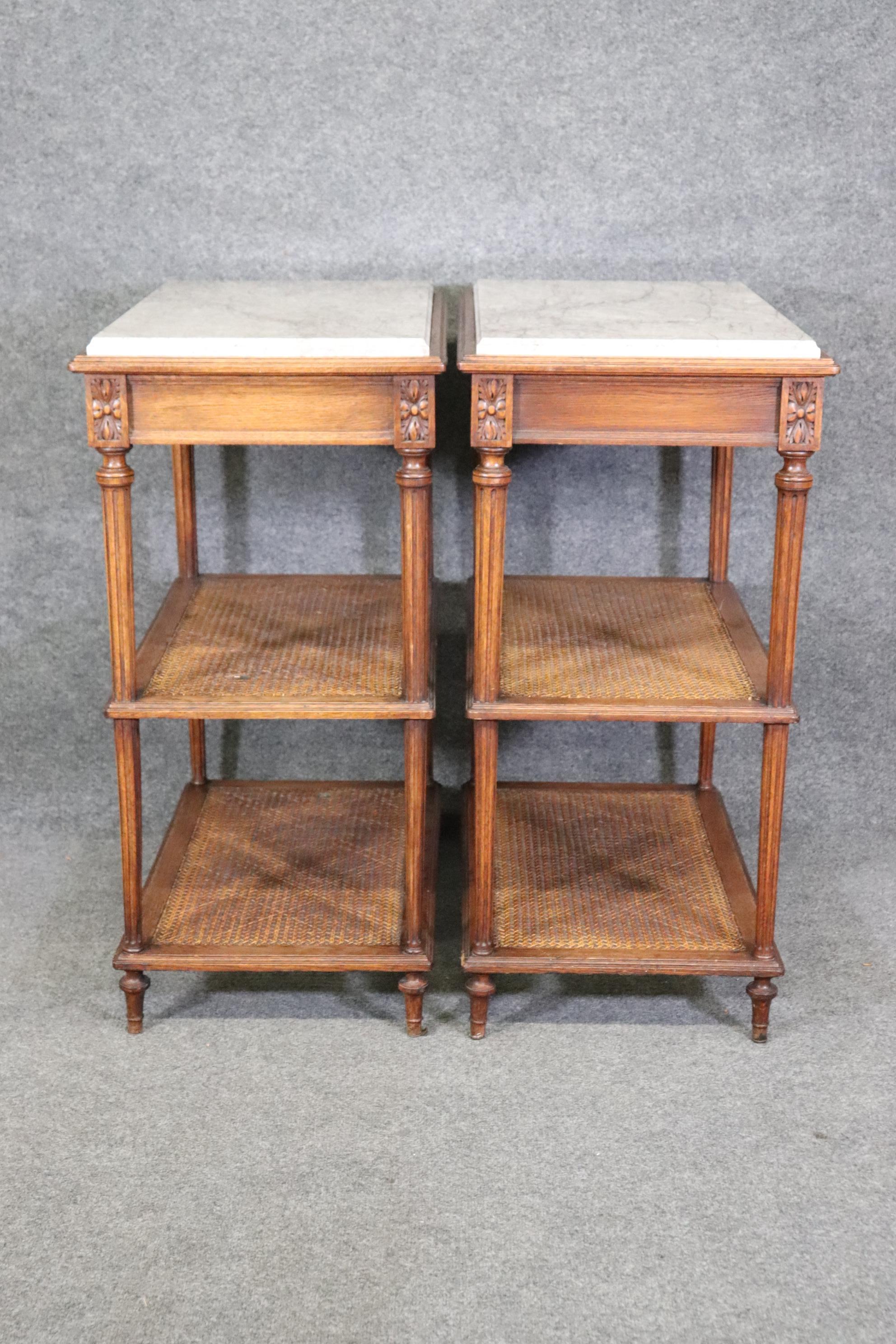 Early 20th Century Pair of Marble Top Walnut and Cane Louis XVI End Side Tables Signed Picard For Sale
