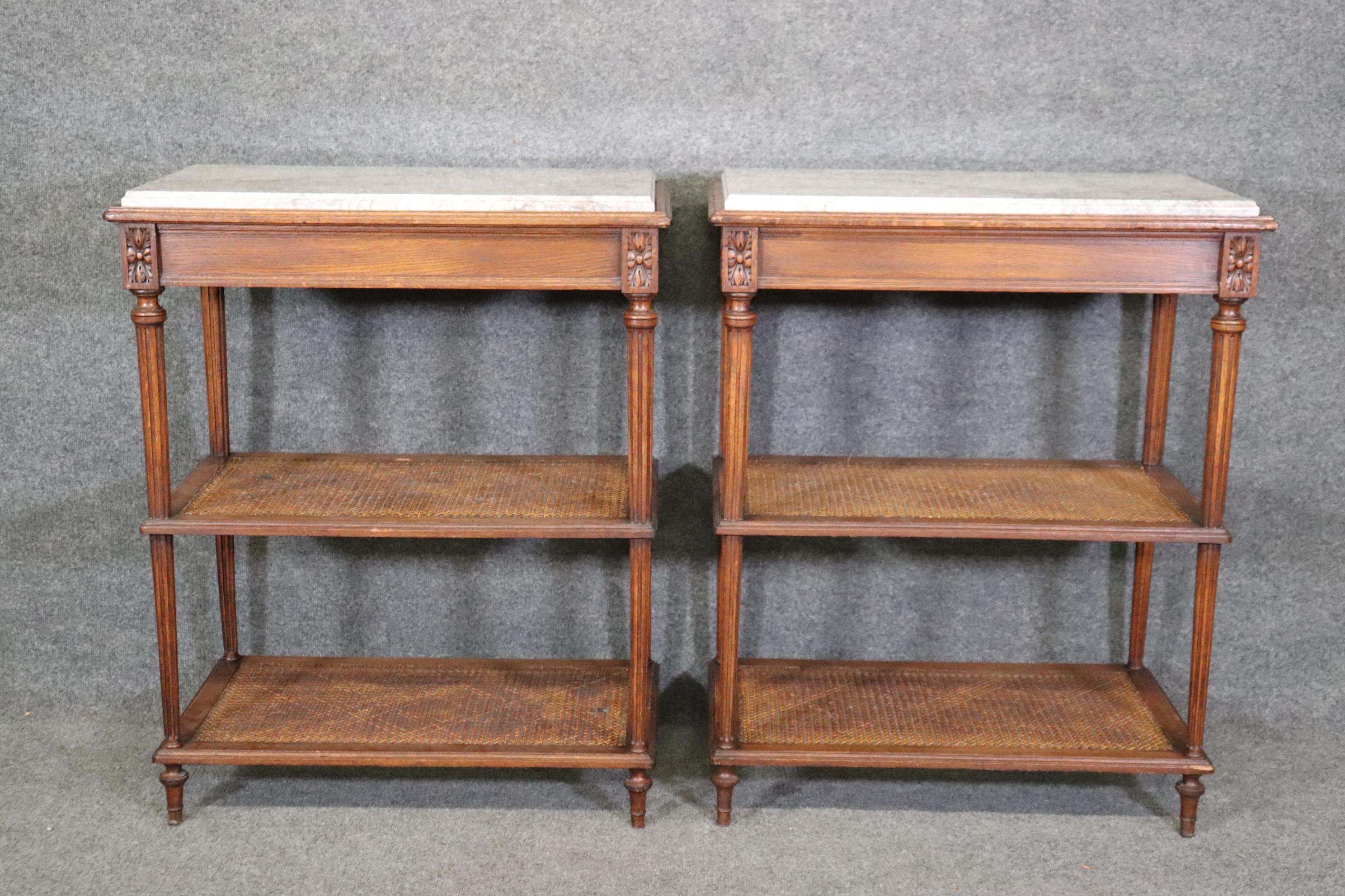 Pair of Marble Top Walnut and Cane Louis XVI End Side Tables Signed Picard For Sale 1