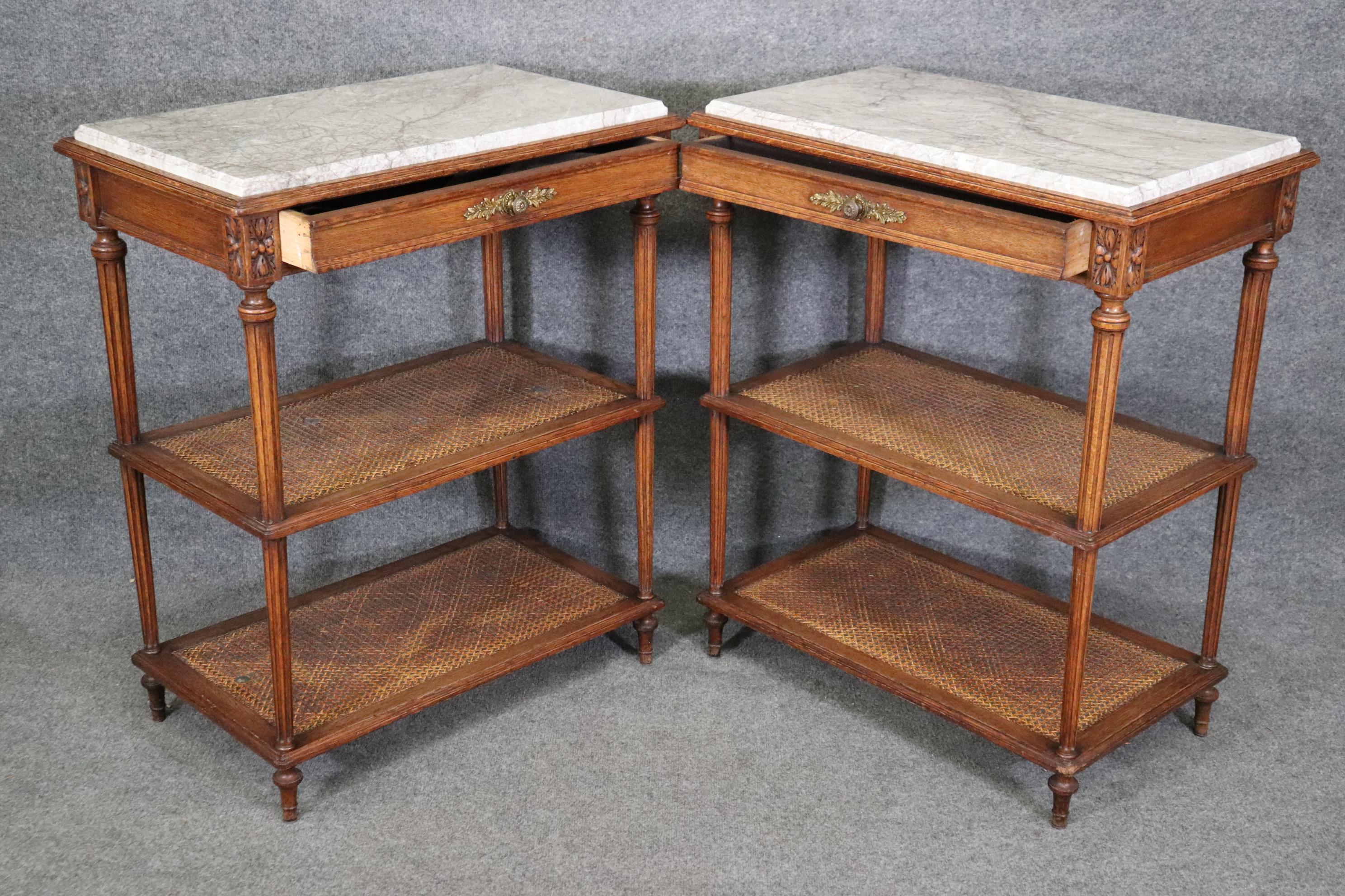 Pair of Marble Top Walnut and Cane Louis XVI End Side Tables Signed Picard For Sale 3