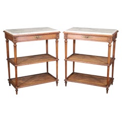 Pair of Marble Top Walnut and Cane Louis XVI End Side Tables Signed Picard