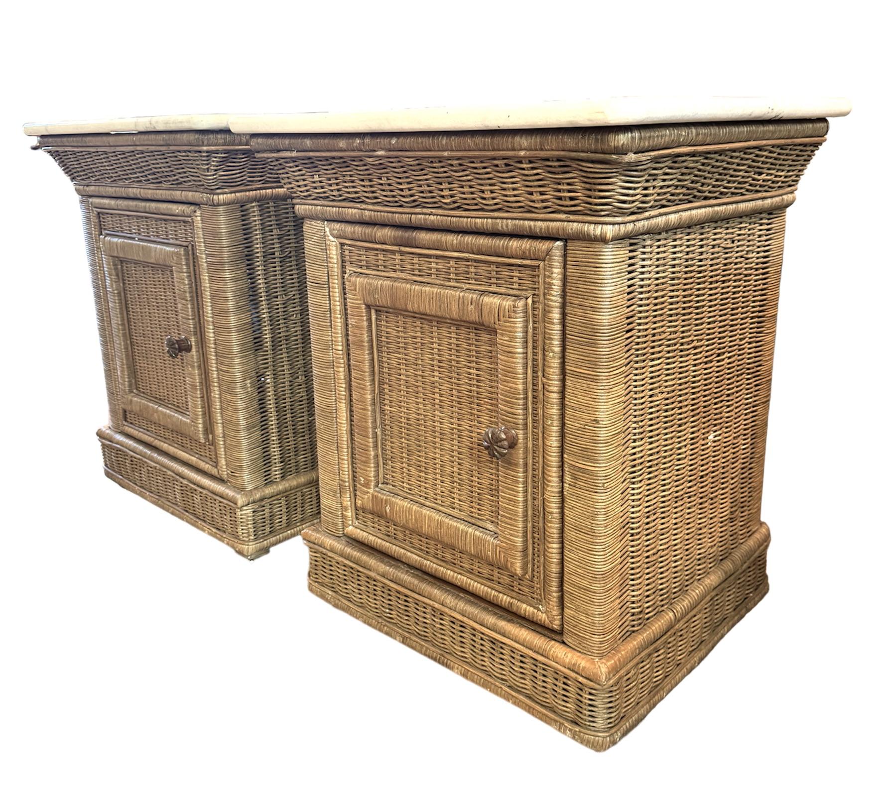 20th Century Pair of Marble Top Wicker Side Tables