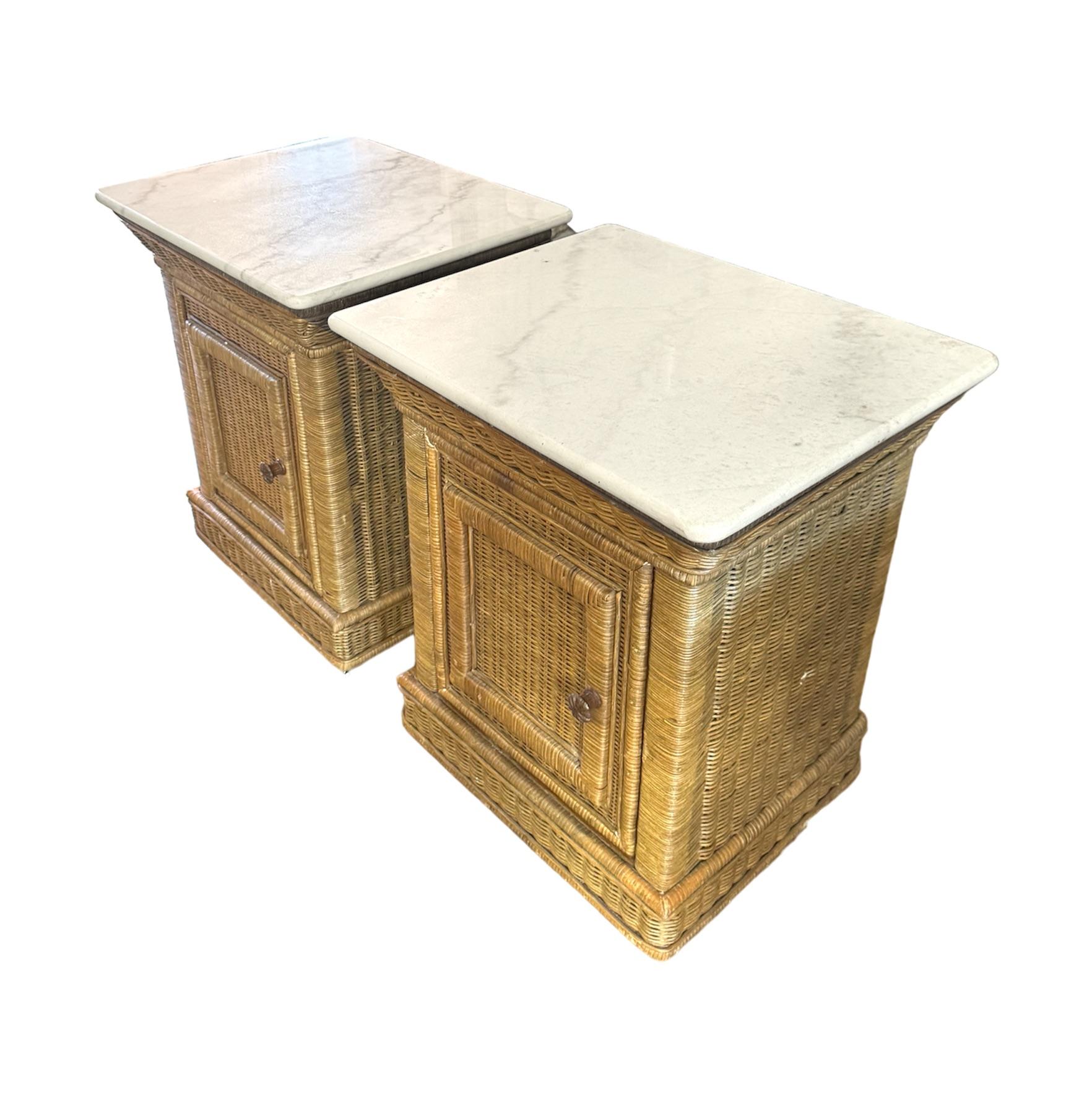 Pair of Marble Top Wicker Side Tables 1