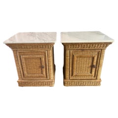 Pair of Marble Top Wicker Side Tables