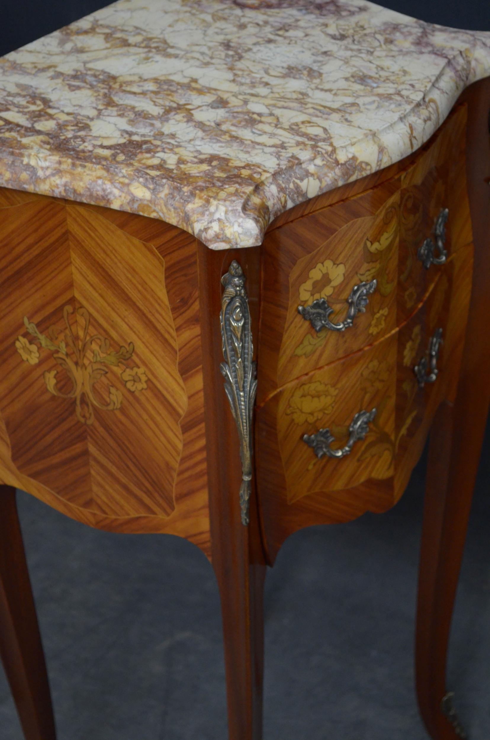 French Pair of Marble Topped Bedside Cabinets For Sale