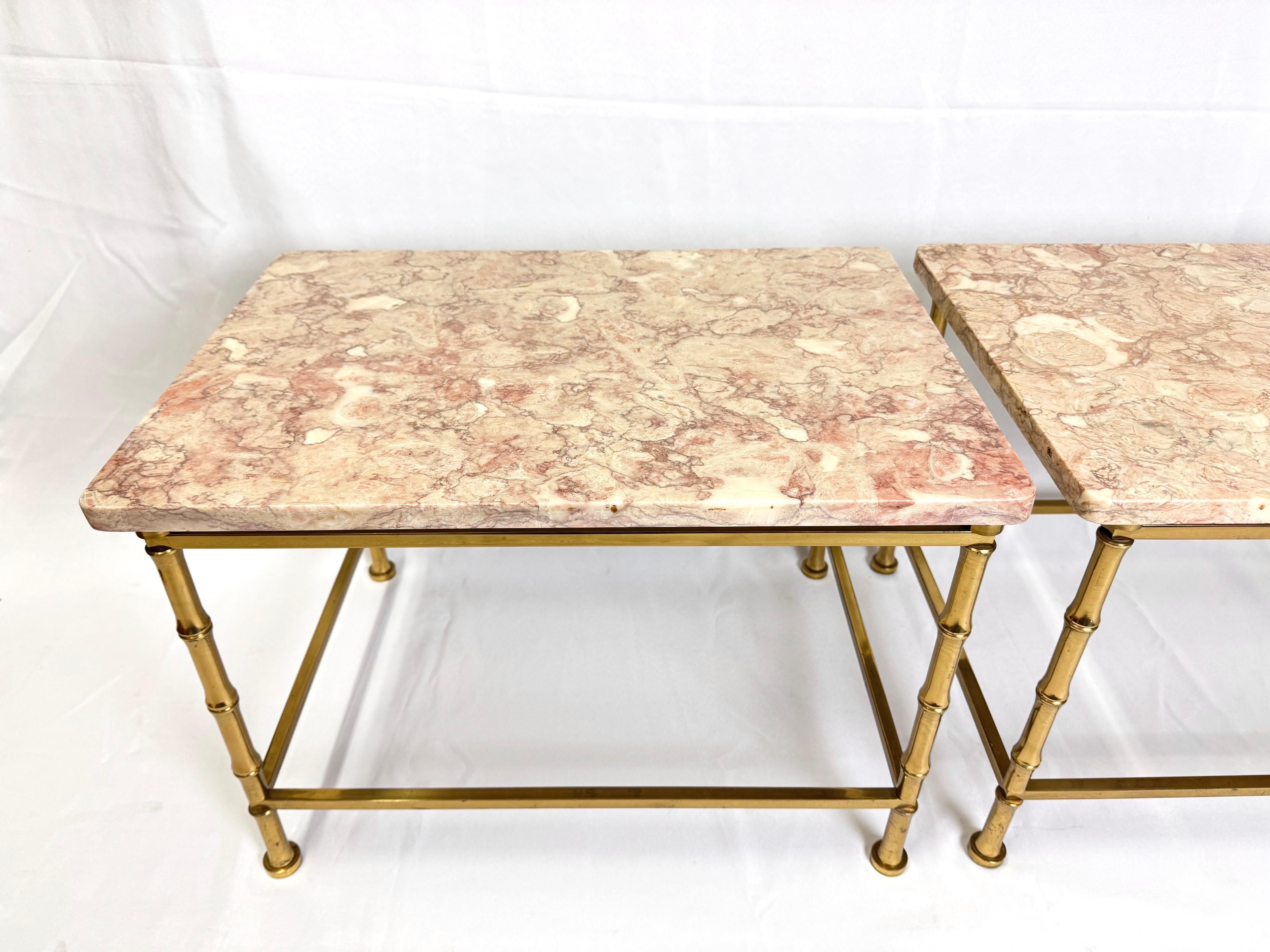 Pair of Marble Topped Brass Bamboo End Tables For Sale 5