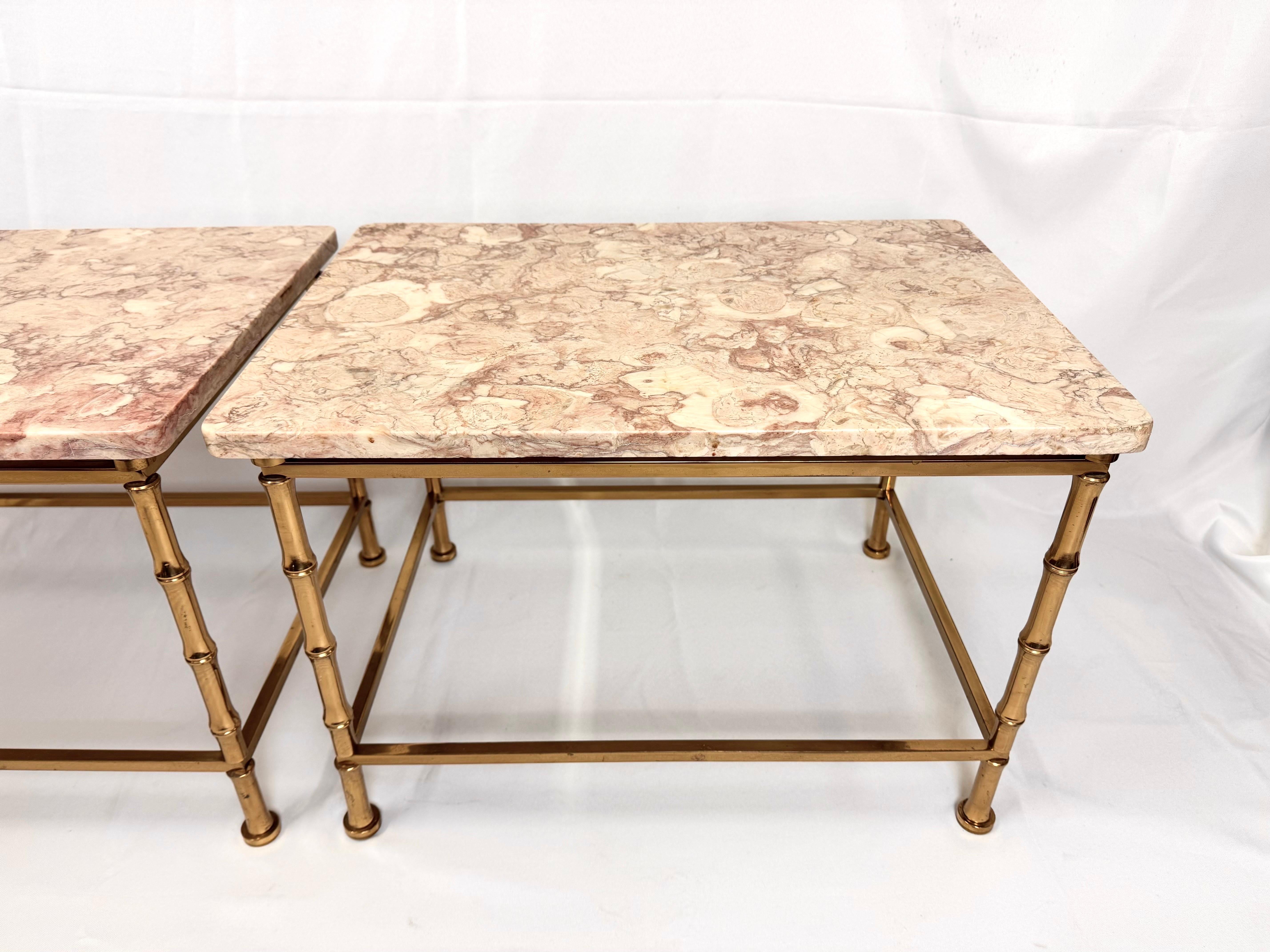 Pair of Marble Topped Brass Bamboo End Tables For Sale 6